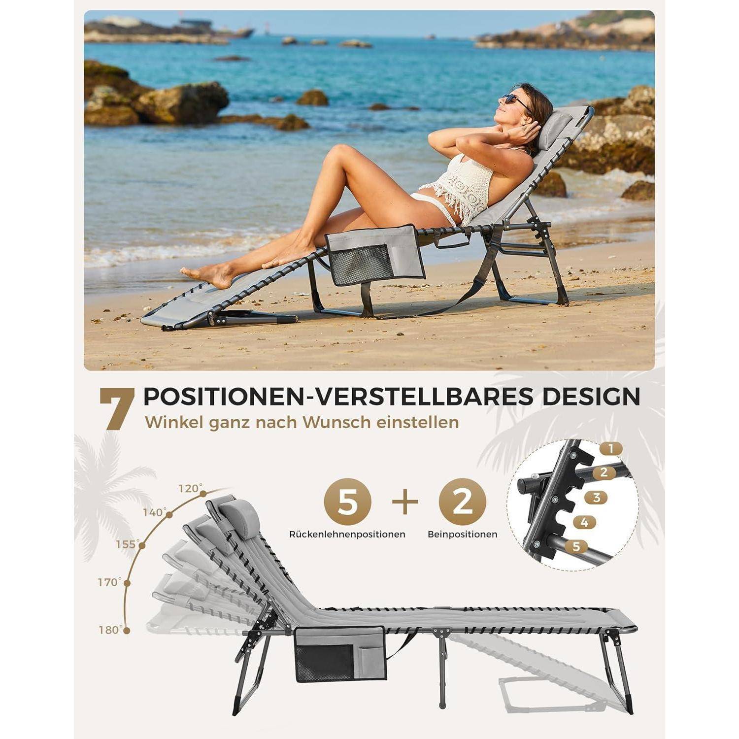 Eine Frau entspannt sich auf einem verstellbaren Liegestuhl am Meer. Der Text hebt die Merkmale des Stuhls hervor: sieben Verstellpositionen und Aufbewahrungstaschen.