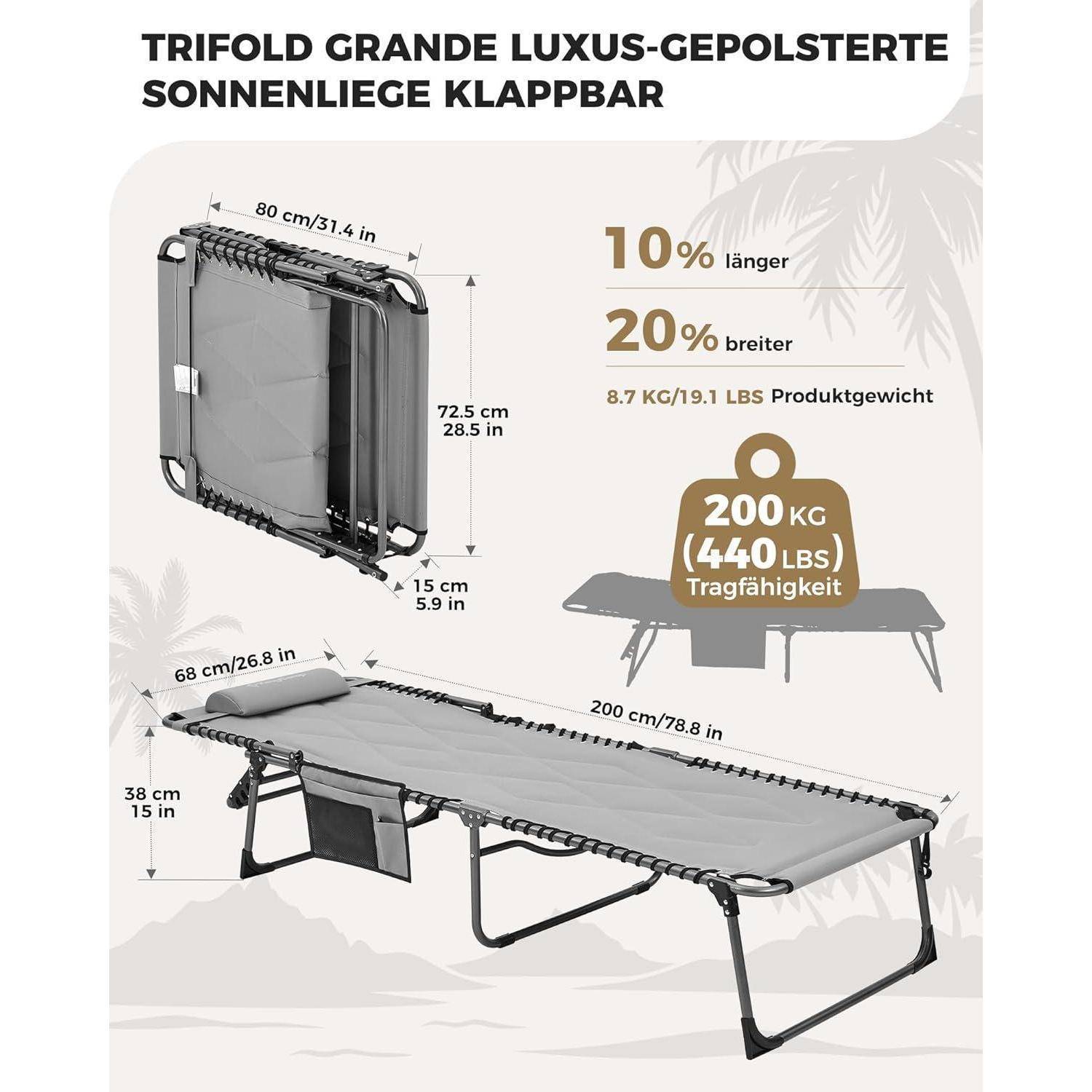 Klappbare Sonnenliege mit Maßen: 80 cm breit, 200 cm lang, 38 cm hoch. Kann bis zu 200 kg (440 Pfund) tragen. Vorteile: 10% länger, 20% breiter.