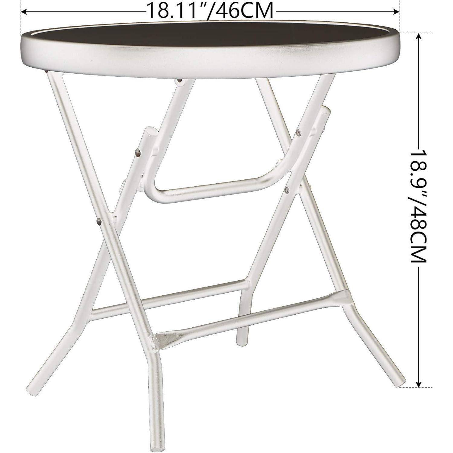 Ein zusammenklappbarer runder Tisch mit weißem Rahmen, mit einem Durchmesser von 18,11 Zoll (46 cm) und einer Höhe von 18,9 Zoll (48 cm).
