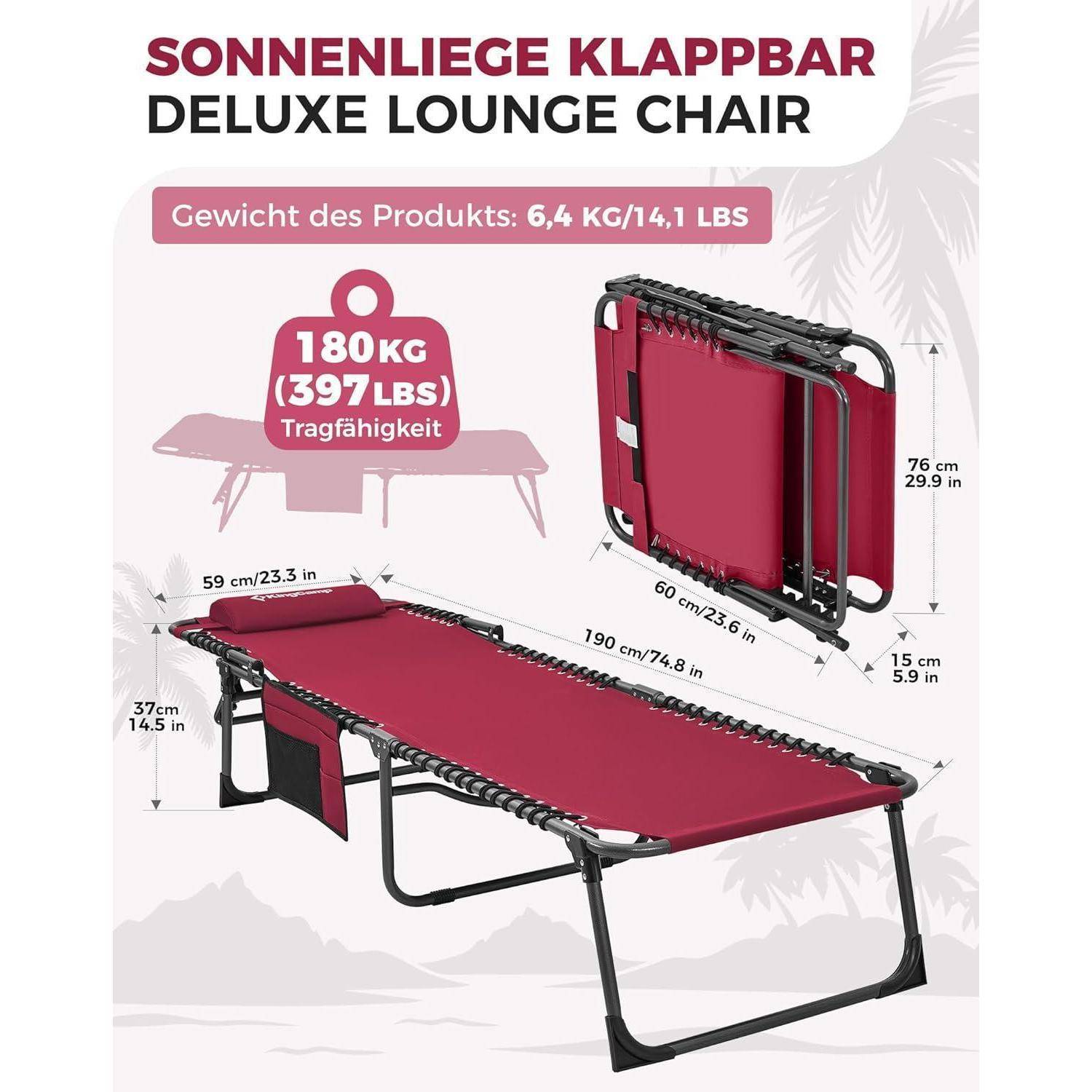 Luxus-Liegestuhl in Rot, zusammenklappbar, Abmessungen 76 x 23,5 cm. Gewicht: 6,4 kg. Tragfähigkeit: 180 kg (397 Pfund).