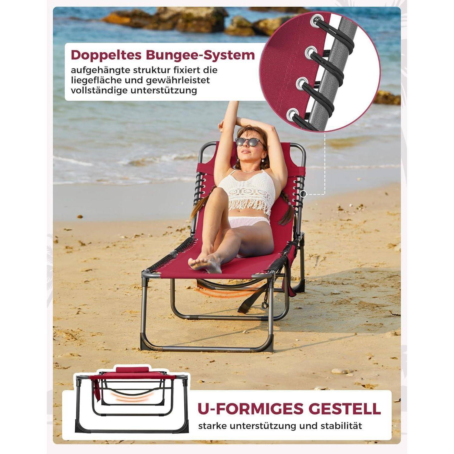 Eine Frau entspannt sich auf einem roten verstellbaren Liegestuhl vor einer Strand-Kulisse. Einblendung zeigt 'doppeltes Bungee-System' und 'U-förmiges Gestell'.
