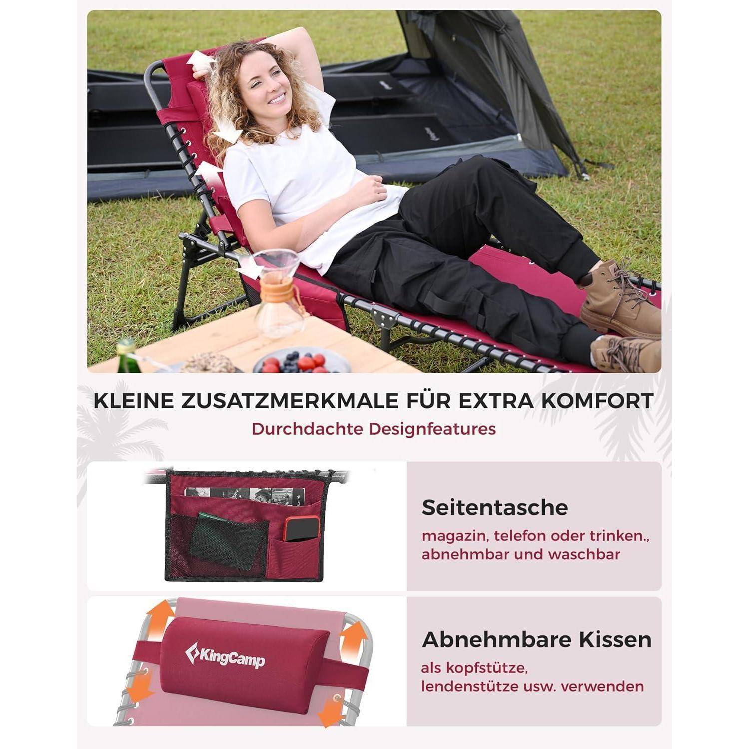 Frau entspannt auf einem Liegestuhl mit einer angebrachten Seitentasche für Gegenstände. Ausgestattet mit abnehmbaren Kissen für zusätzlichen Komfort.