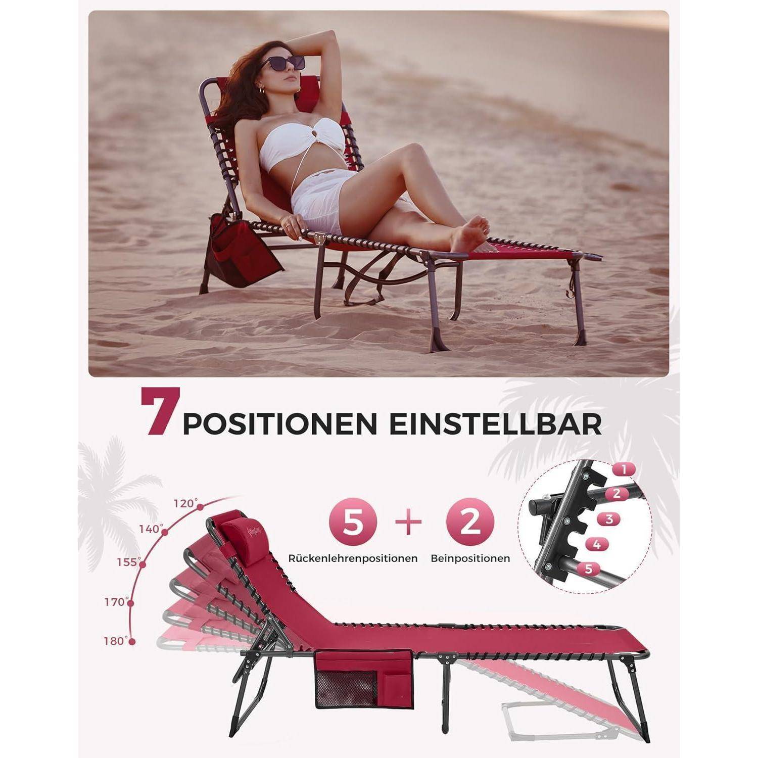 Frau in weißem Badeanzug entspannt auf einem Liegestuhl mit mehreren verstellbaren Positionen. Überlagerter Text besagt '7 Positionen Einstellbar'.
