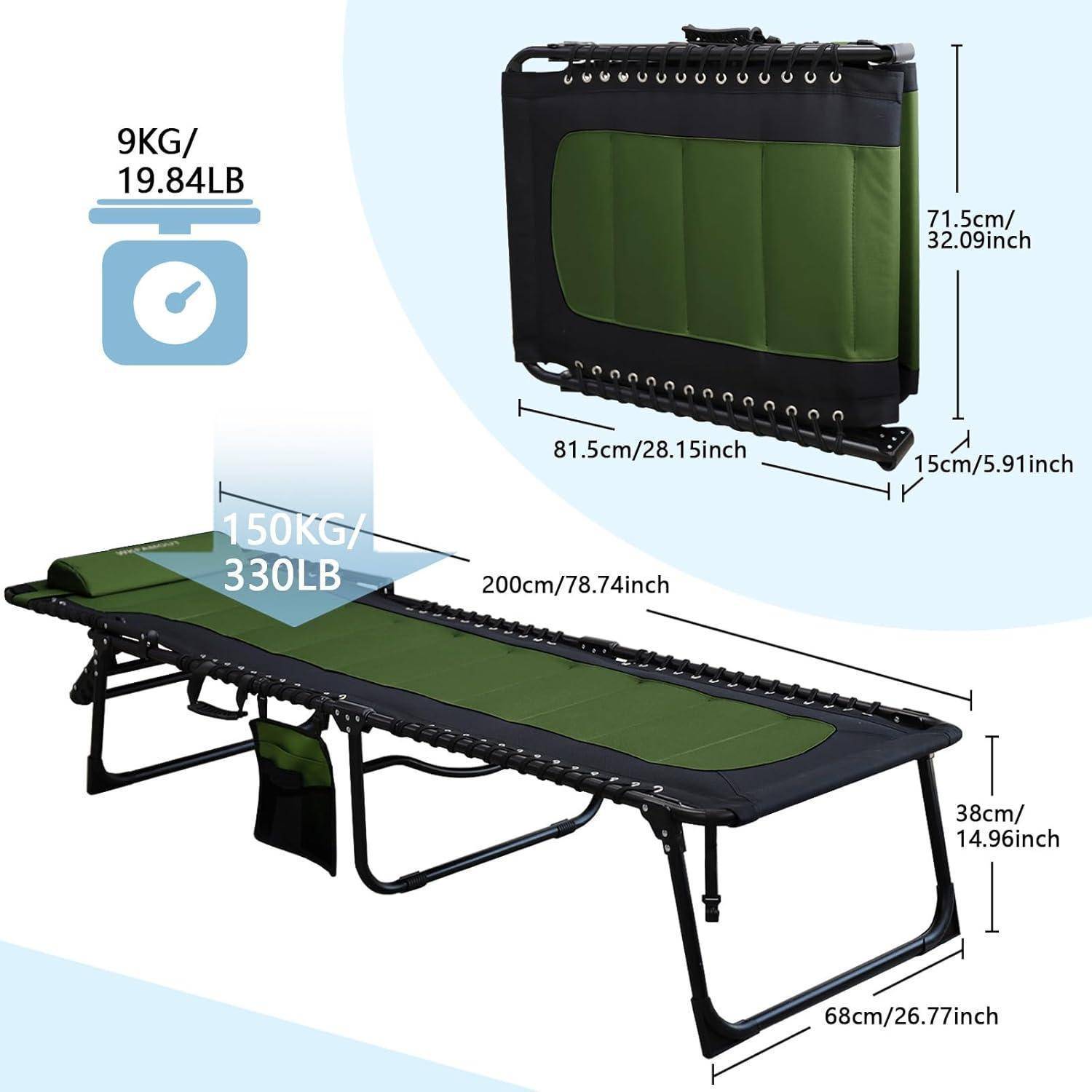 Grünes Klapp-Campingbett, Maße: 200 cm Länge, 68 cm Breite, 38 cm Höhe. Unterstützt bis zu 150 kg. Wiegt 9 kg. Zusammengeklappt: 71,5 cm x 15 cm.