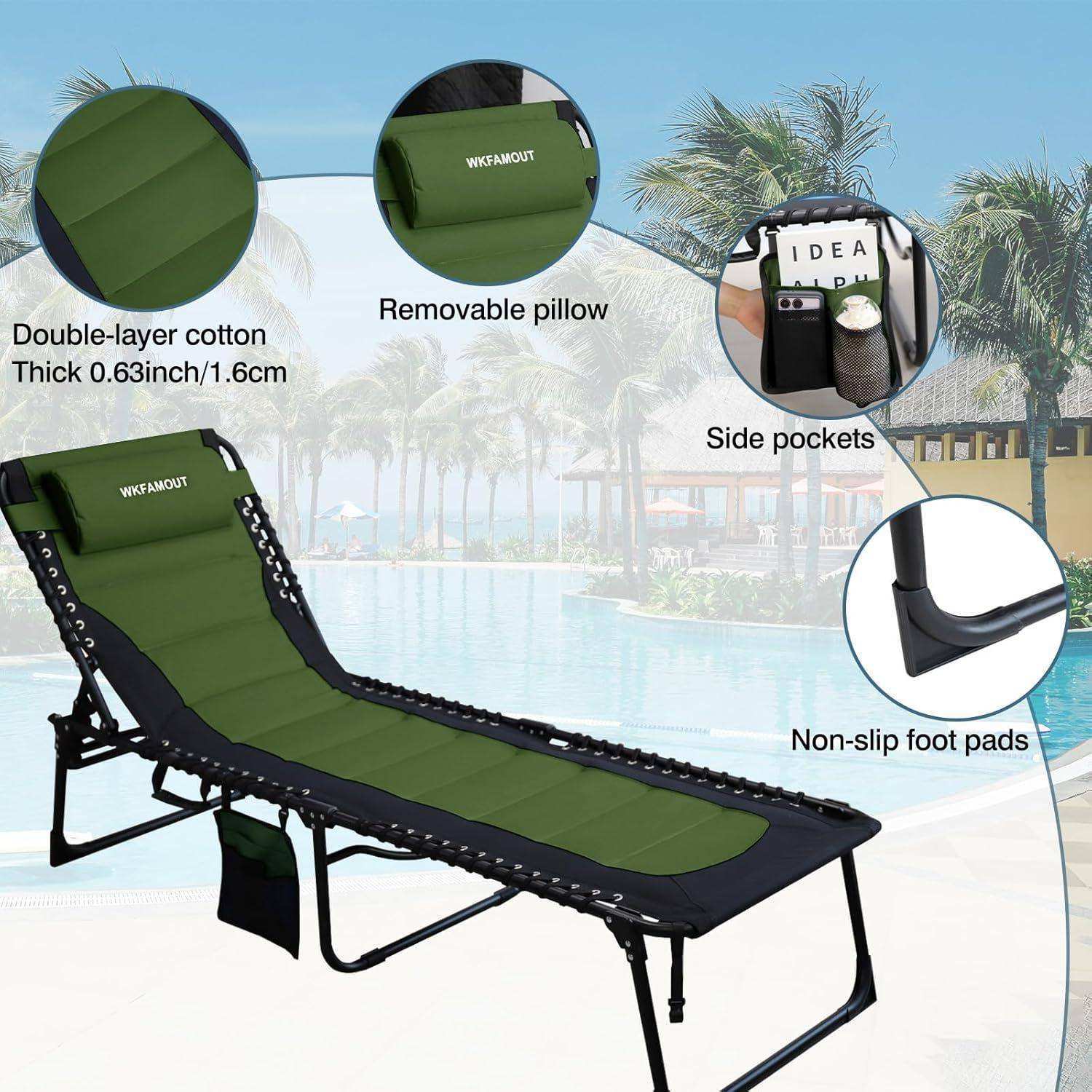 Liegestuhl für den Außenbereich am Pool, ausgestattet mit doppellagiger Baumwolle, abnehmbarem Kissen, seitlichen Taschen und rutschfesten Fußpolstern.