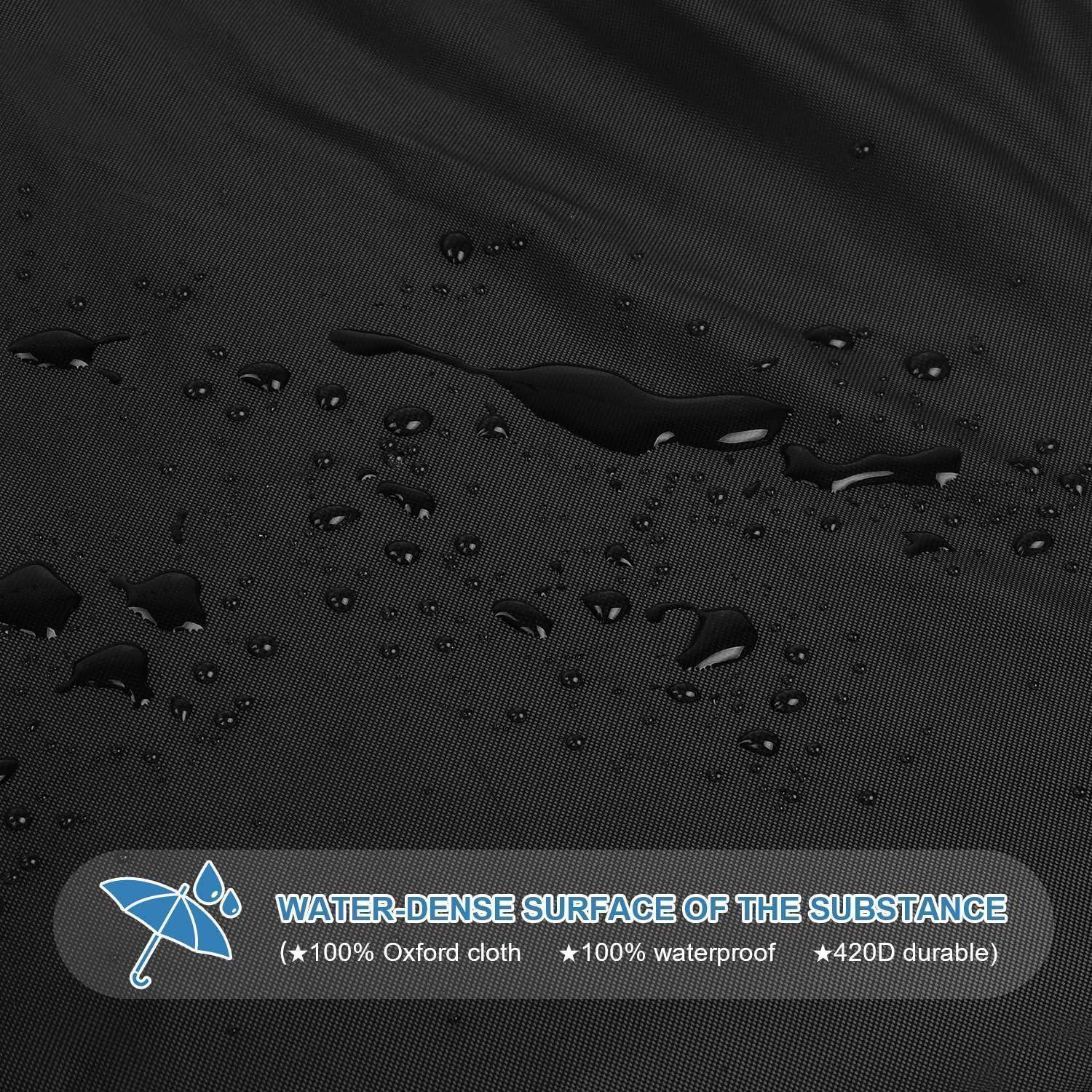 Nahaufnahme von Wassertropfen auf schwarzem wasserdichtem Gewebe. Text am unteren Rand besagt: 