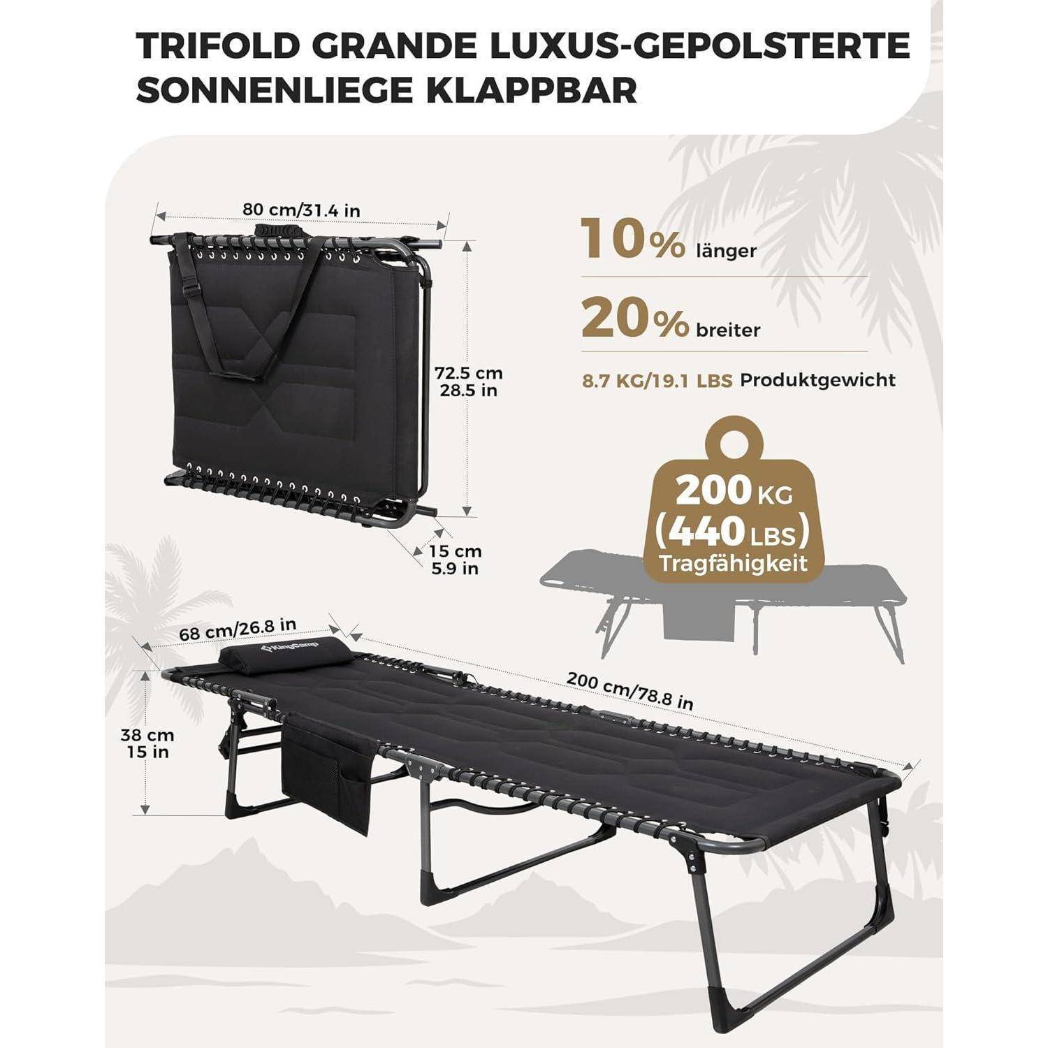 Trifold Grande Luxus-Gepolsterte Sonnenliege Klappbar': Klappbare Sonnenliege mit einer Breite von 80 cm, einer Höhe von 72,5 cm. Tragfähigkeit: 200 kg (440 Pfund).