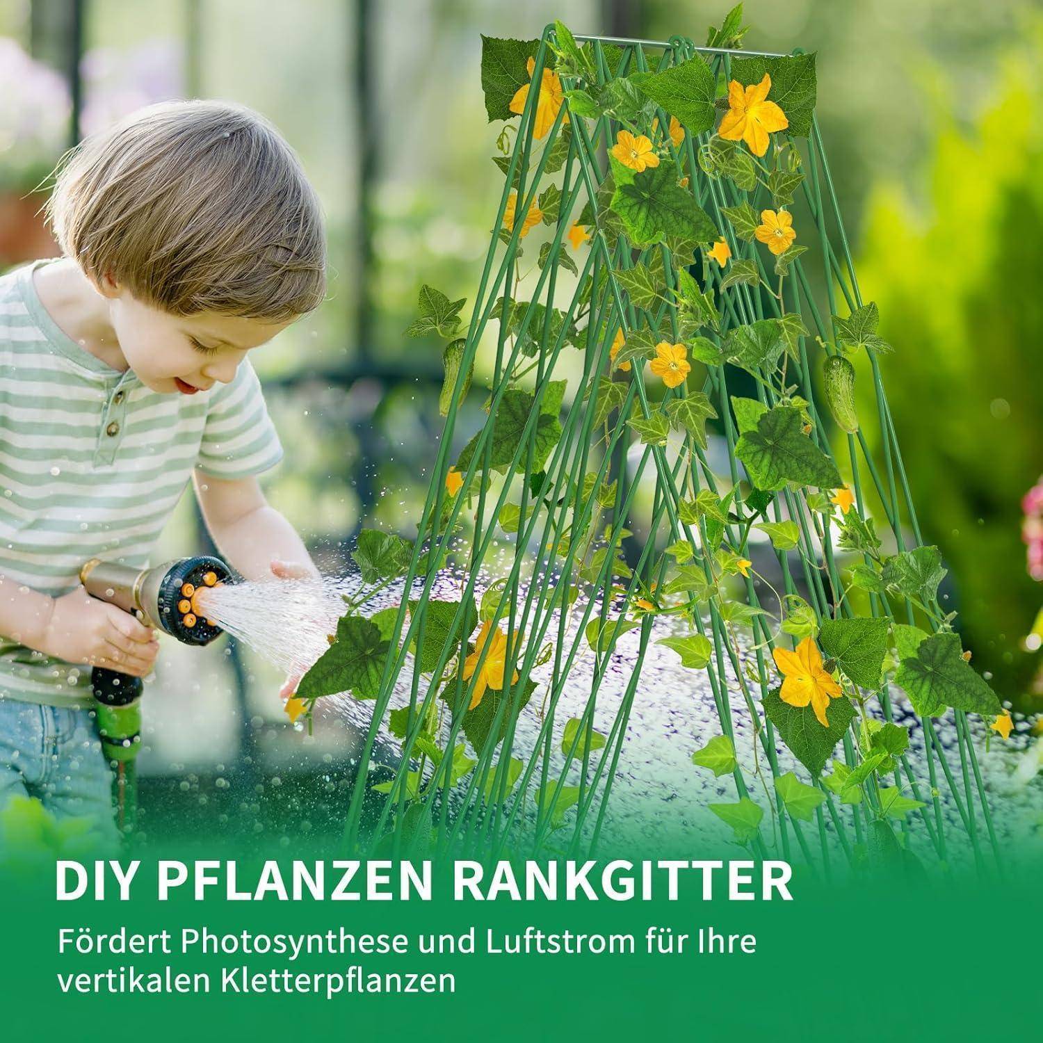 Ein Kind gießt Pflanzen, die an einem dreieckigen Rankgitter klettern. Text liest sich: 
