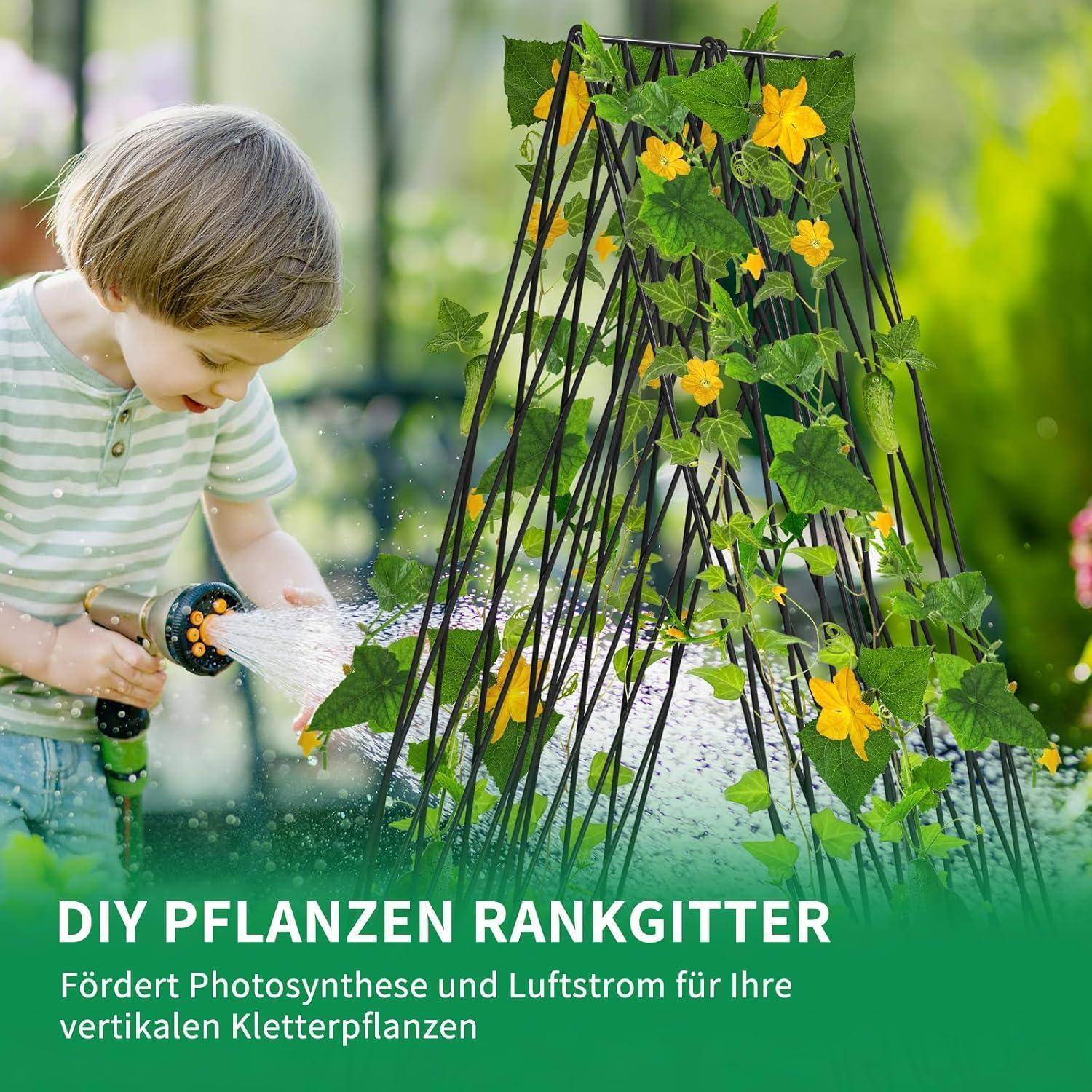 Ein Kind gießt ein mit gelben Blumen bedecktes Rankgitter in einem Garten. Text lautet: 'DIY Pflanzen Rankgitter - Fördert Photosynthese und Luftstrom für Ihre vertikalen Kletterpflanzen.