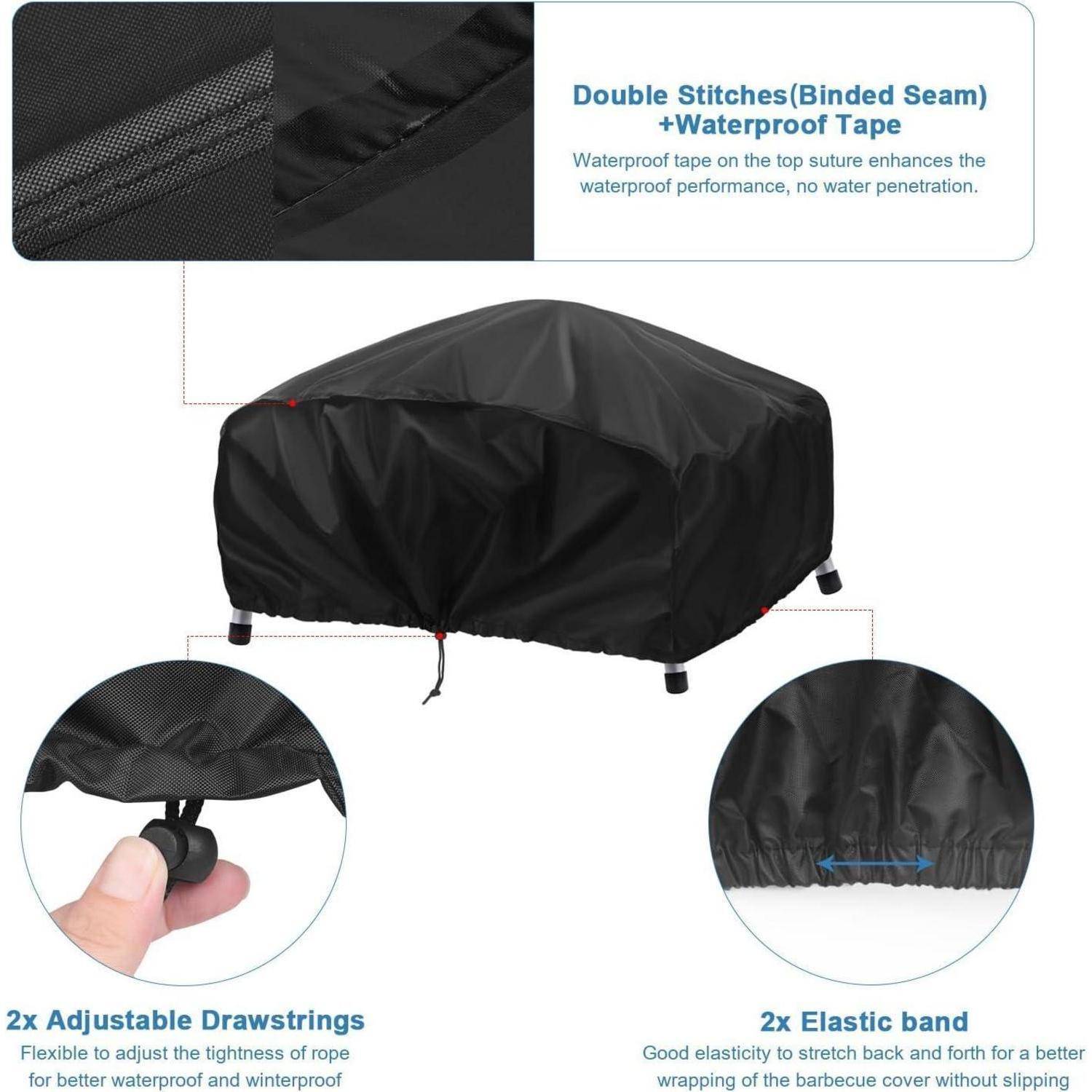 Schwarze Grillabdeckung mit doppelt genähten Nähten und wasserdichtem Band. Ausgestattet mit zwei verstellbaren Kordelzügen und zwei Gummibändern für einen sicheren Sitz.