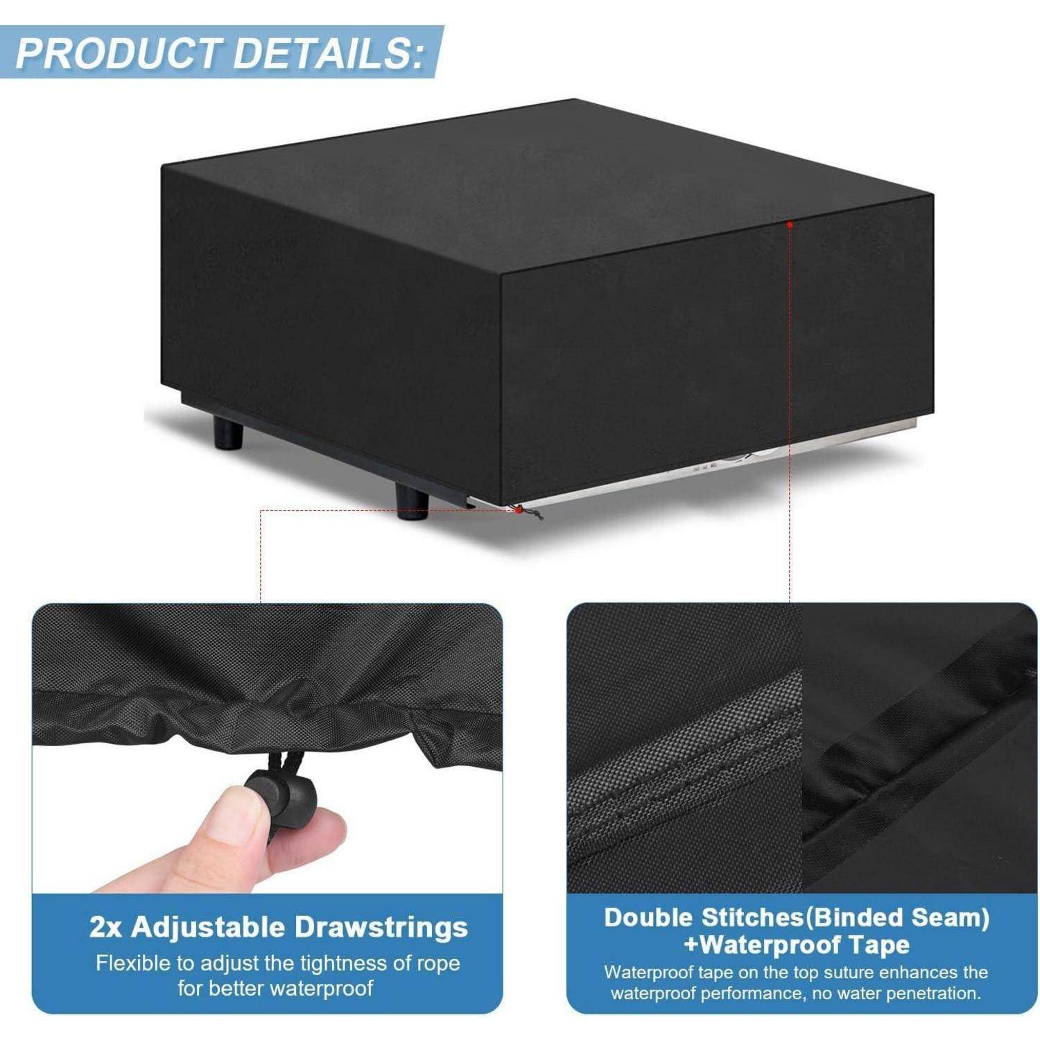 Schwarze Box-Abdeckung mit verstellbaren Kordelzügen und doppelt genähten Nähten für wasserdichten Schutz, hervorgehoben in Nahaufnahmen.