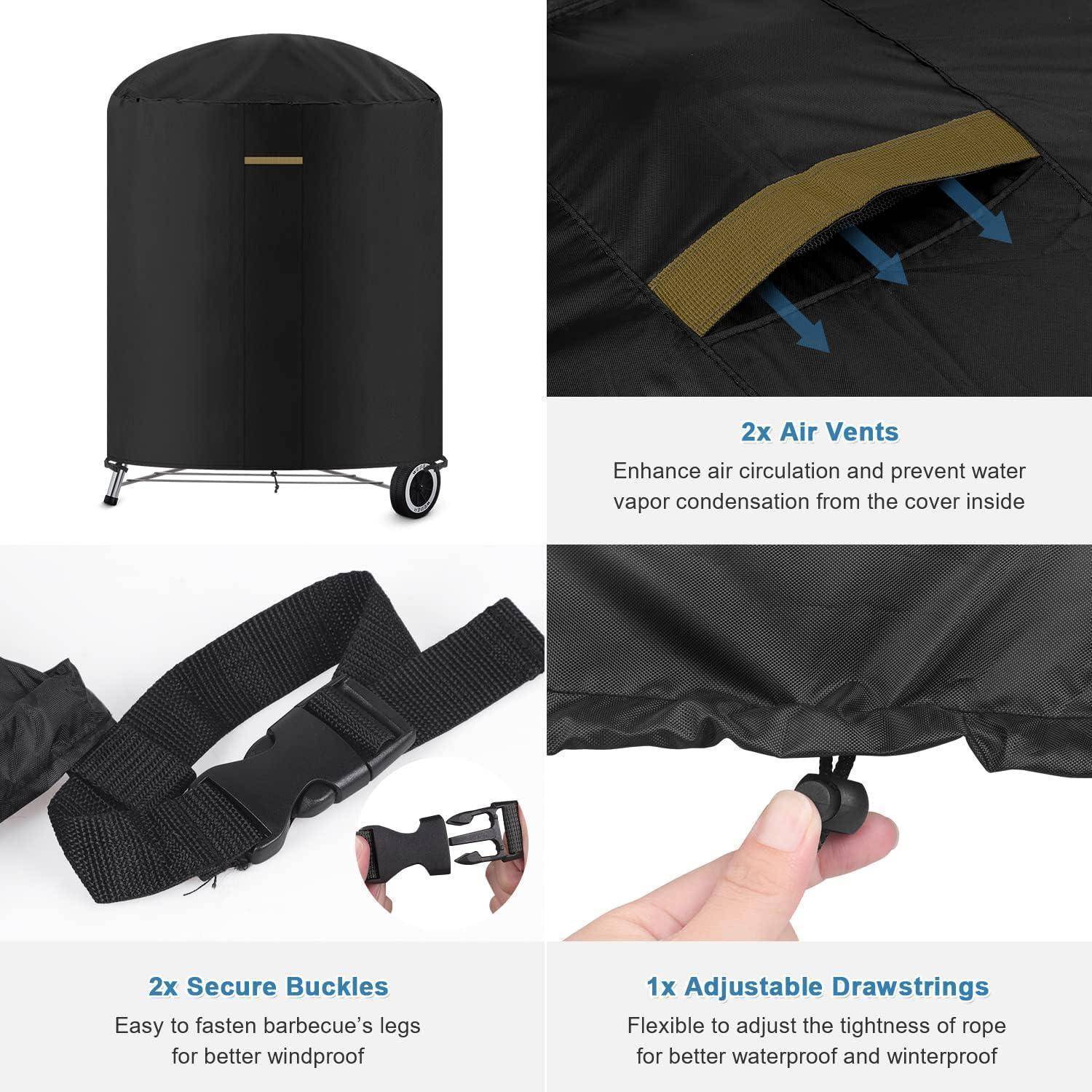 Barbecue-Abdeckung Merkmale: '2x Luftventile' für Luftzirkulation, '2x Sichere Schnallen' für Stabilität und '1x Verstellbare Kordelzüge' für optimale Passform.