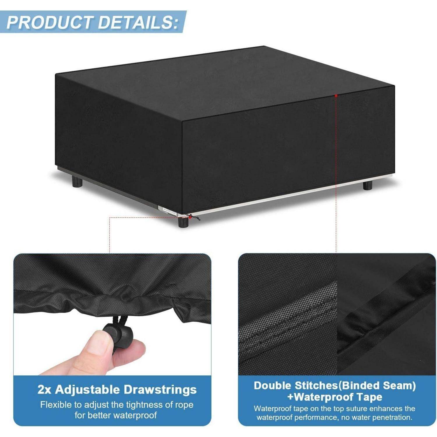 Produktdetails: Bild zeigt eine schwarze wasserdichte Abdeckung für Möbel mit 2 verstellbaren Kordelzügen und doppelten Nähten für verbesserte Wasserbeständigkeit.