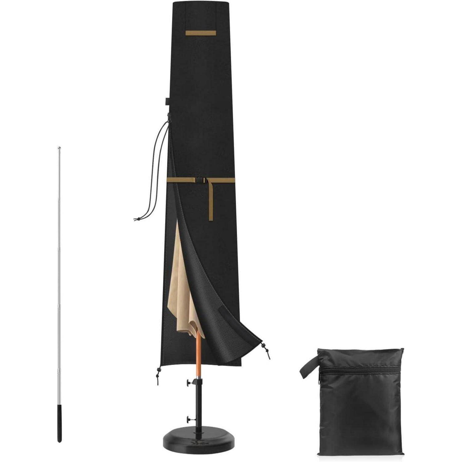 Schutzhülle für Sonnenschirme mit Stange und Tasche, entwickelt zum Schutz von Outdoor-Schirmen. Die Hülle ist schwarz, hoch und konisch geformt. Tasche zur Aufbewahrung enthalten.