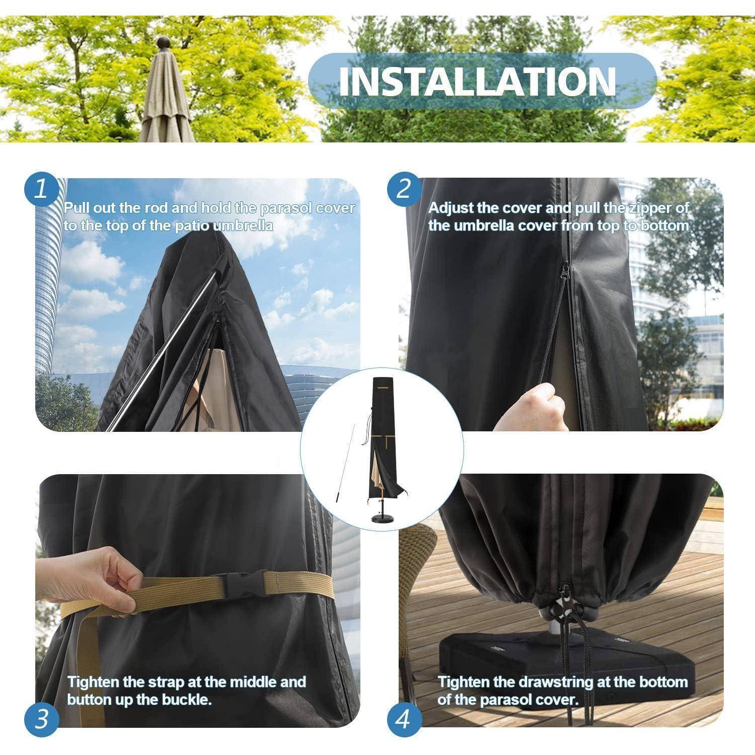 Montageanleitungen für Schirmabdeckung: Stange ausziehen, Abdeckung anpassen, Gurt festziehen und Kordelzug straffen.