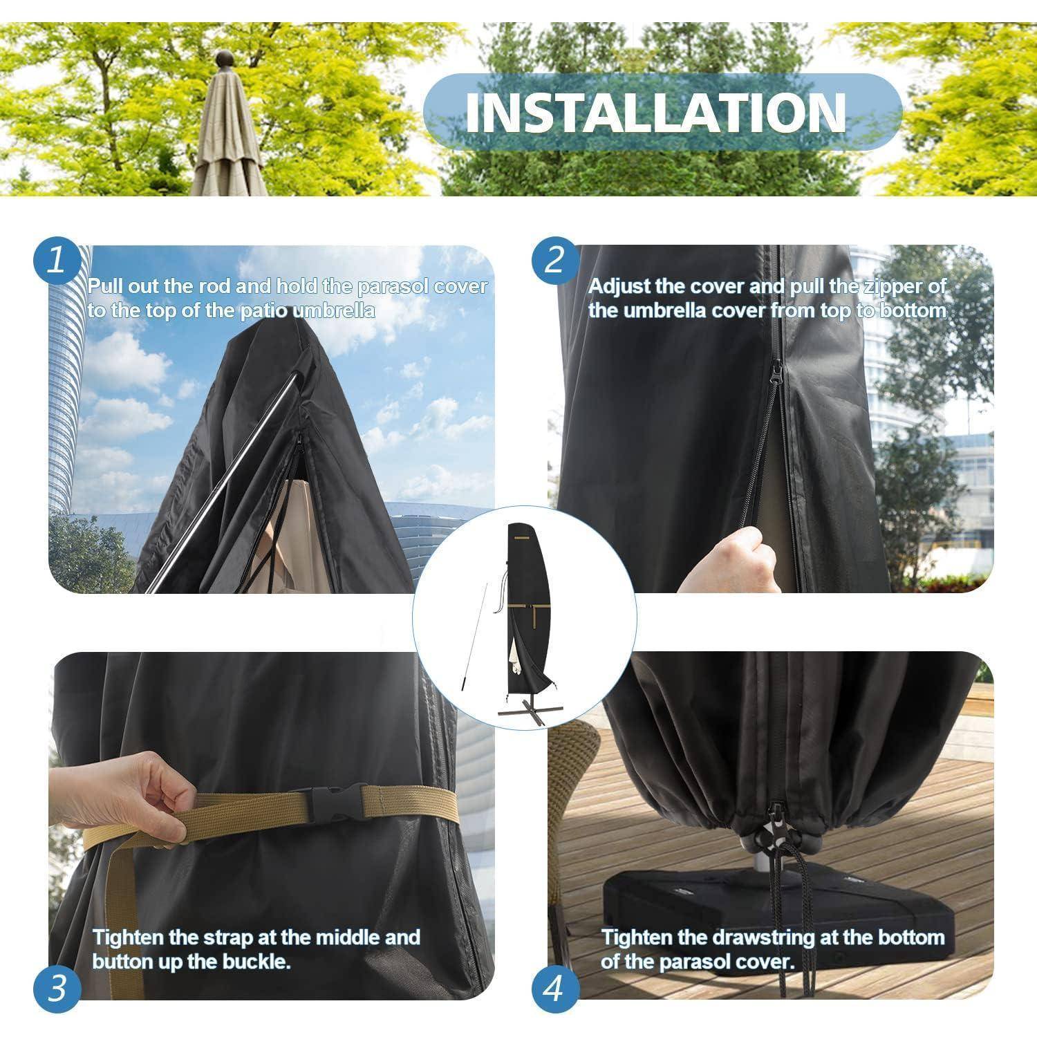 Installationsanleitung für Sonnenschirmhülle: 1. Hülle über die Spitze ziehen. 2. Hülle anpassen, nach unten ziehen. 3. Mittleren Riemen festziehen und Knopf schließen. 4. Unteres Zugband festziehen.