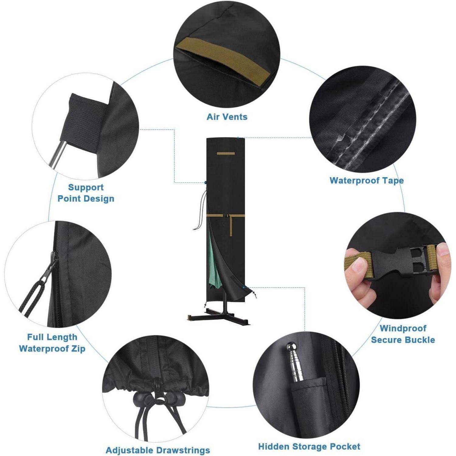 Schutzabdeckung mit Luftschlitzen, wasserdichtem Klebeband, Stützdesign, durchgehender Reißverschluss, verstellbaren Kordelzügen, sicherer Schnalle und Tasche.