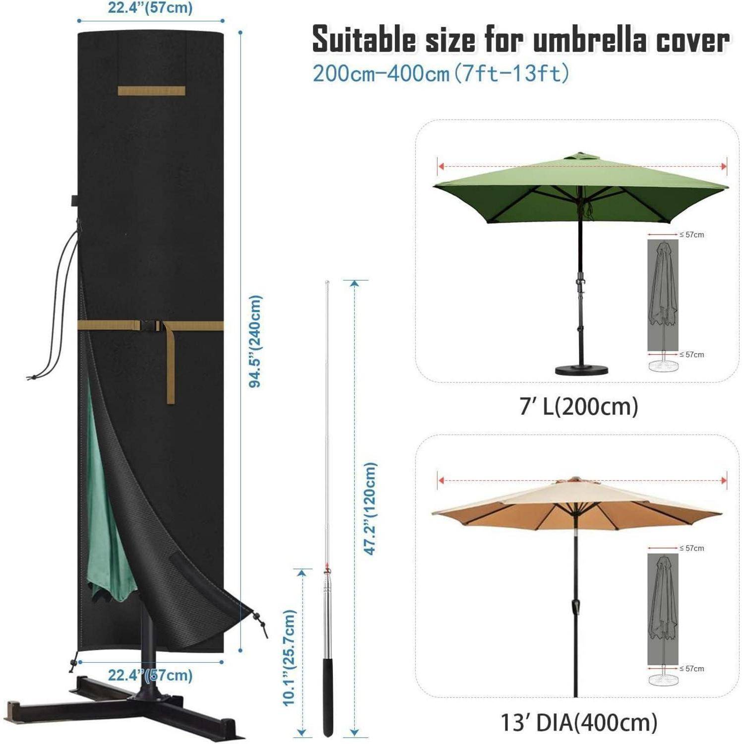 Dimensionsanleitung für Umbrella-Abdeckung: Geeignet für Sonnenschirme von 7' bis 13' (200 cm-400 cm). Abdeckgröße: 94,5