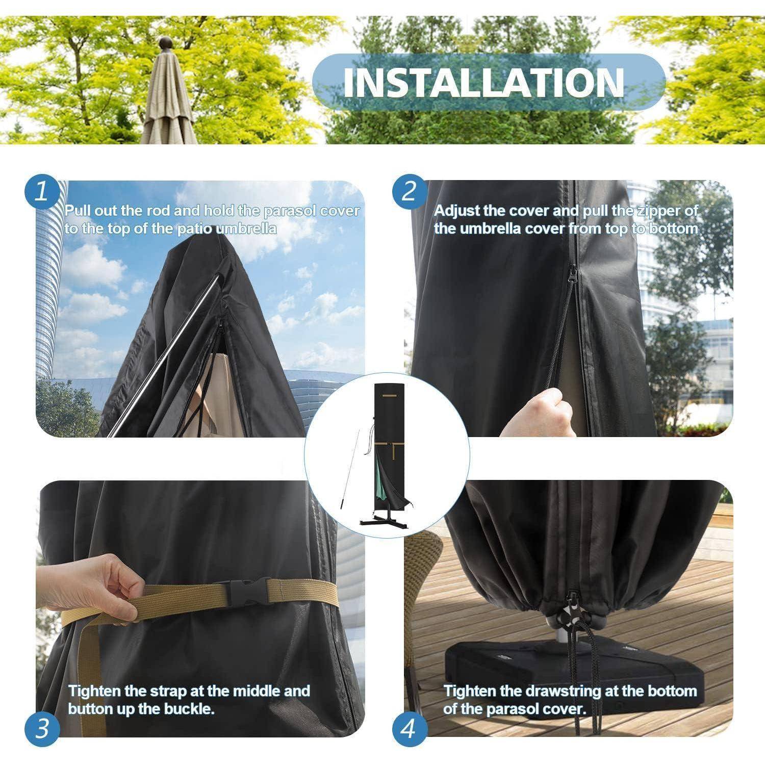 Installations'-Anleitung zum Überziehen des Sonnenschirmüberzugs: 1) Stab nach oben ziehen, 2) Bezug von oben nach unten anpassen, 3) Mittelgurt festziehen, 4) Unteren Kordelzug festziehen.