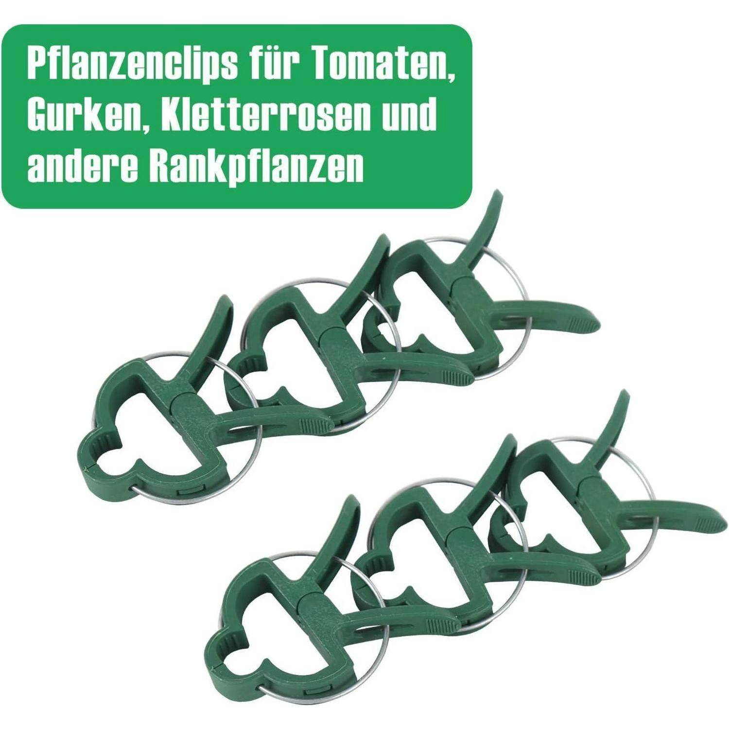 Pflanzklammern für Tomaten, Gurken, Kletterrosen und andere Kletterpflanzen werden in einer grün-weißen Verpackung präsentiert.