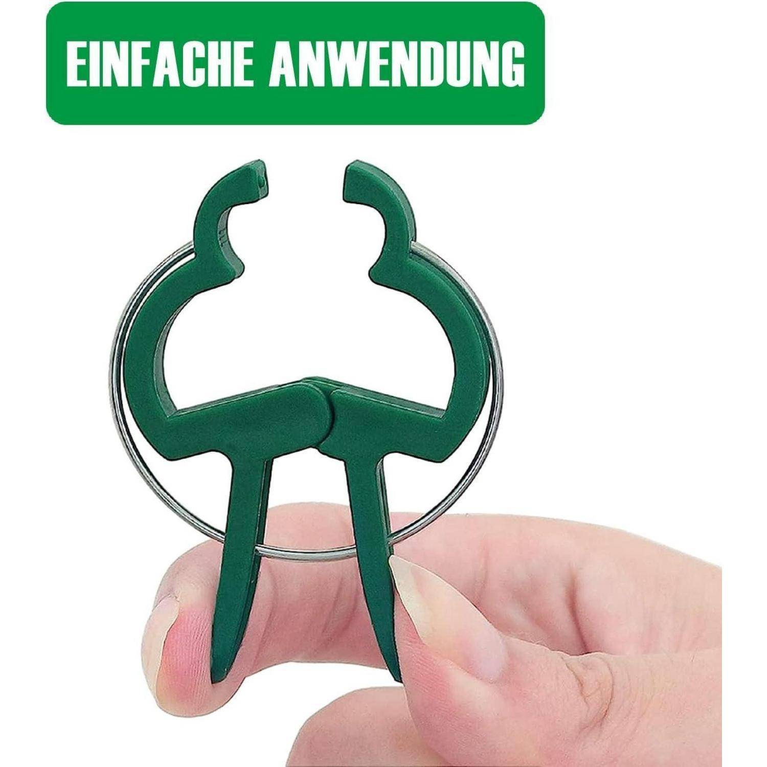 Eine Hand hält ein grünes Werkzeug mit zwei Zinken, das zur einfachen Einfügung in Metallringe verwendet wird. Der Text darüber liest sich 