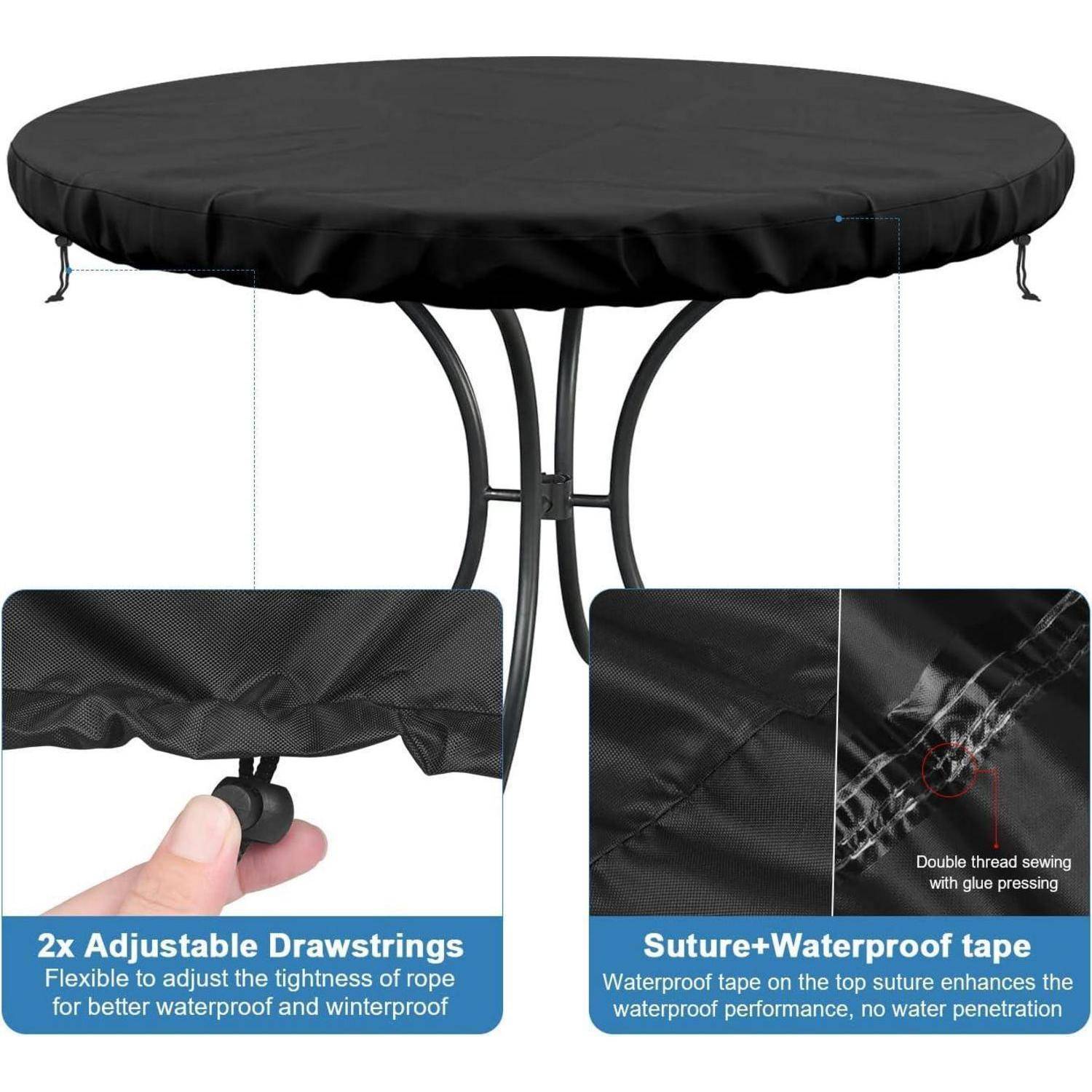 Runder Outdoor-Tisch mit schwarzer Abdeckung, ausgestattet mit verstellbaren Kordelzügen und wasserdichtem Band für verbesserten Wetterschutz.