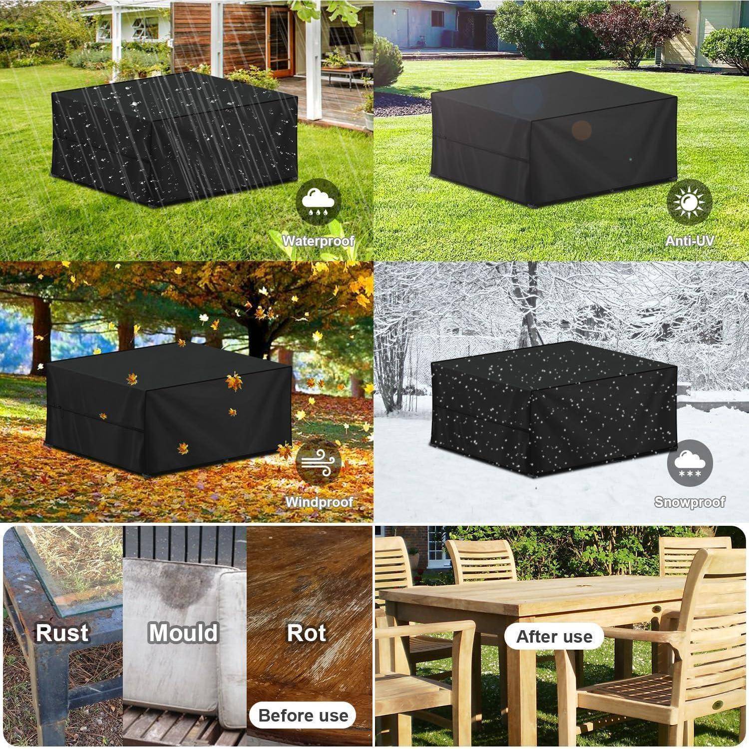 Collage aus sechs Bildern, die eine schwarze Outdoor-Möbel-Abdeckung unter verschiedenen Wetterbedingungen zeigt: Regen, Sonne, Wind, Schnee. Die untere Reihe vergleicht Materialien vor und nach der Nutzung in Bezug auf Rost, Schimmel und Fäulnis und zeigt einen Holztisch und Stühle.