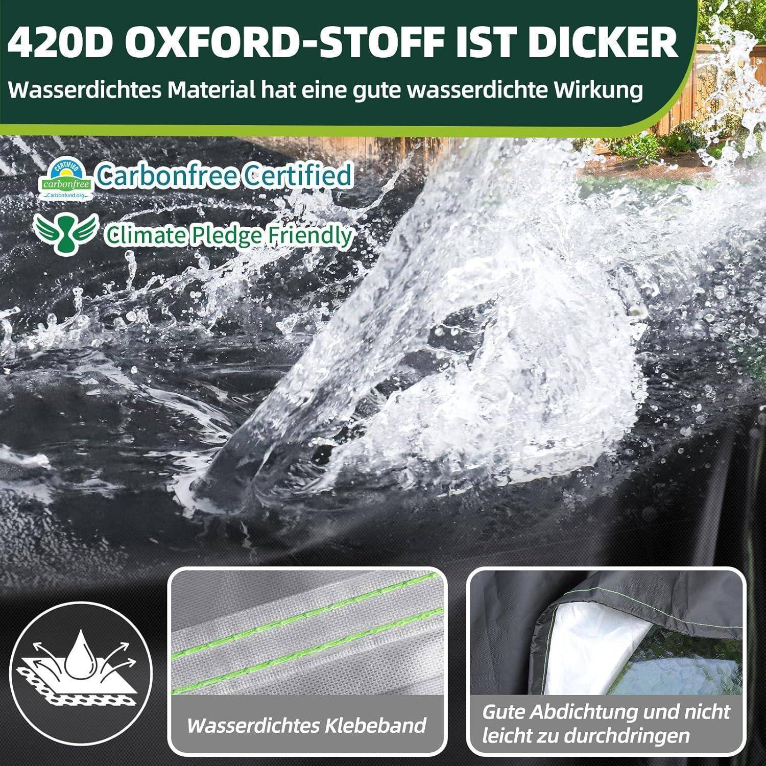 Ein Wasserstrahl wird effektiv von einem robusten schwarzen Stoff abgewiesen. Texthighlights heben Produktmerkmale hervor: ‚Wasserdichtes Material' und ‚Gute Abdichtung'.