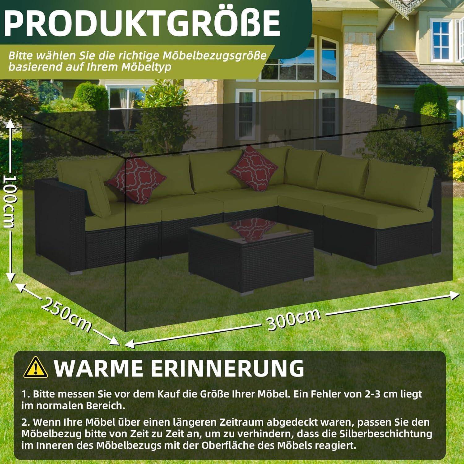 Outdoor-Ecksofa mit beigen Kissen auf grünem Rasen. Text hebt 'PRODUKTGRÖSSE' hervor und gibt Maßtipps für Möbel.