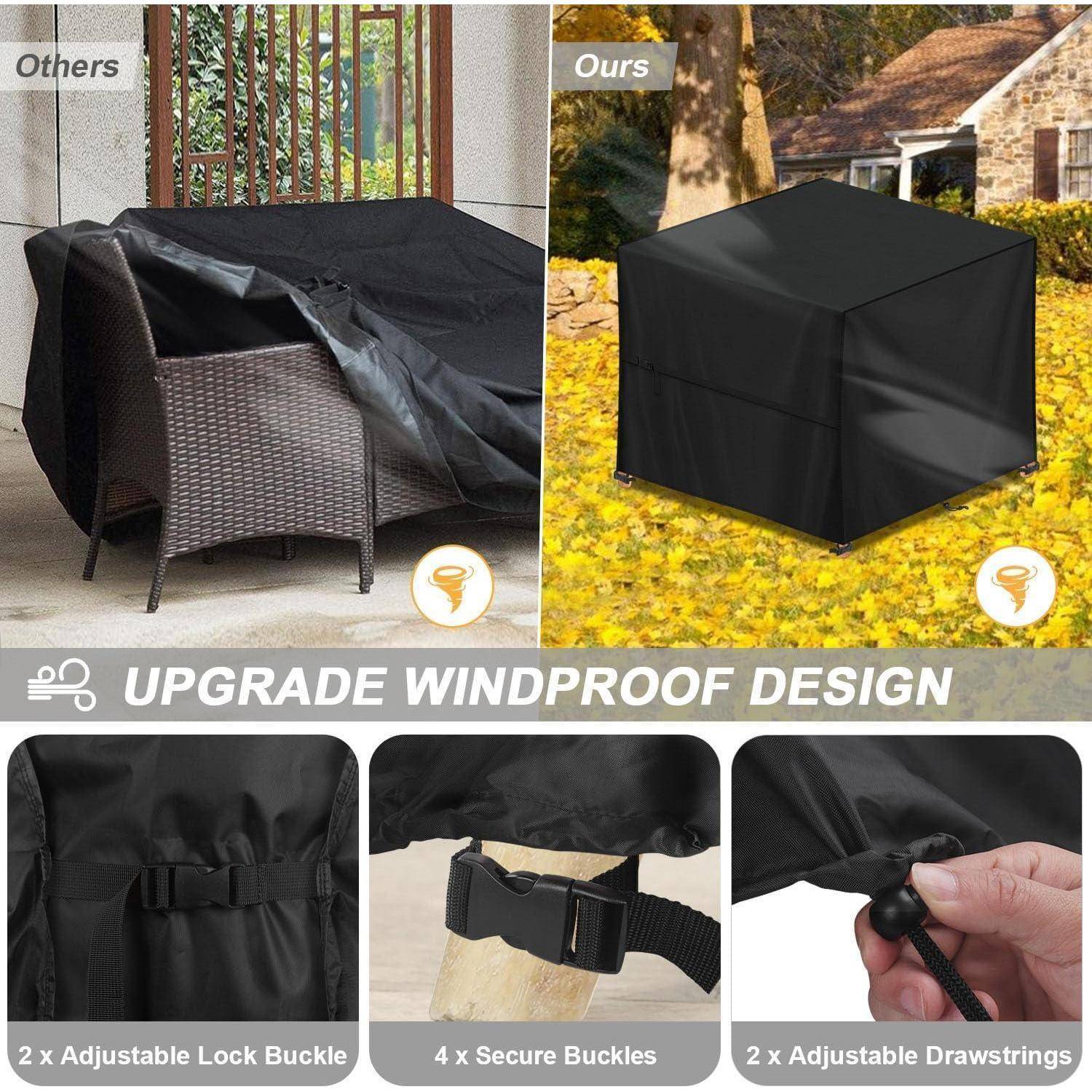 Vergleich von Möbelbezügen: 'Andere' links, lose und offen; 'Unsere' rechts, straff und sicher. Merkmale: 2 Verschlussspangen, 4 sichere Schnallen, 2 Zugbänder.