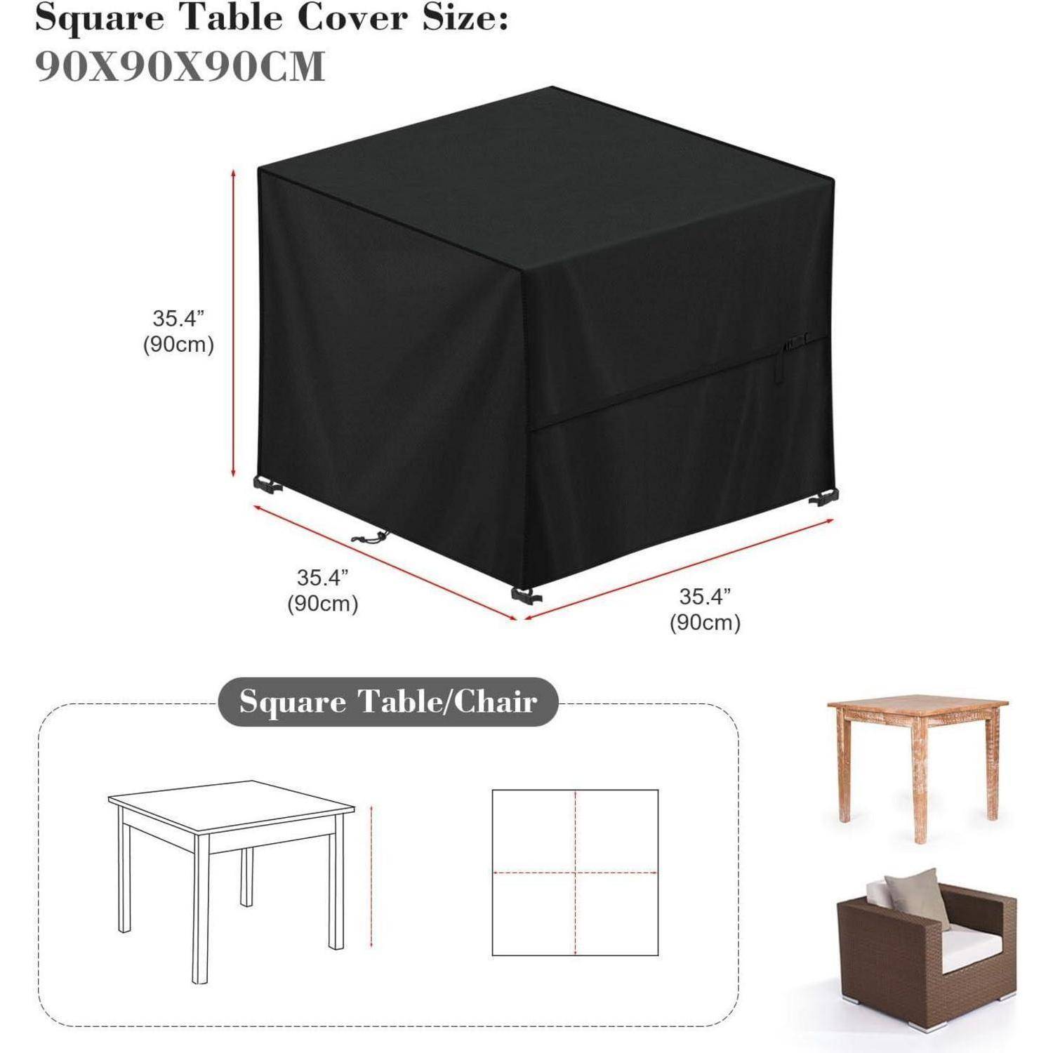 Quadratische Tischdecke, Maße 90x90x90 cm, in Schwarz dargestellt. Enthält Diagramme mit Tisch und Anpassungsanleitung für quadratische Tisch-Stuhl-Sets.