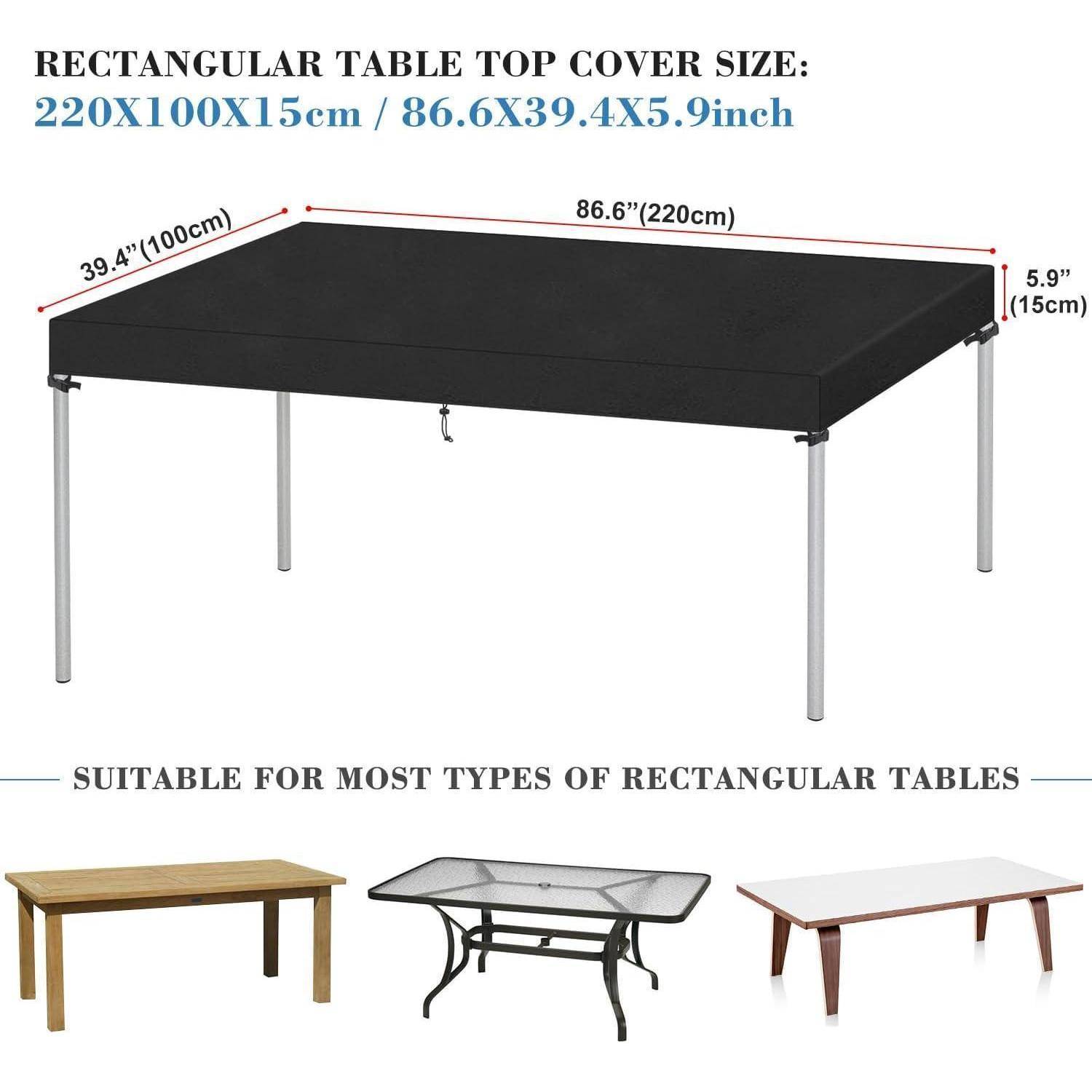 Rechteckige Tischdecke, Abmessungen: 220x100x15 cm. Passt auf verschiedene Tische. Enthält Bilder von unterschiedlichen Tischstilen, die sie abdecken kann.