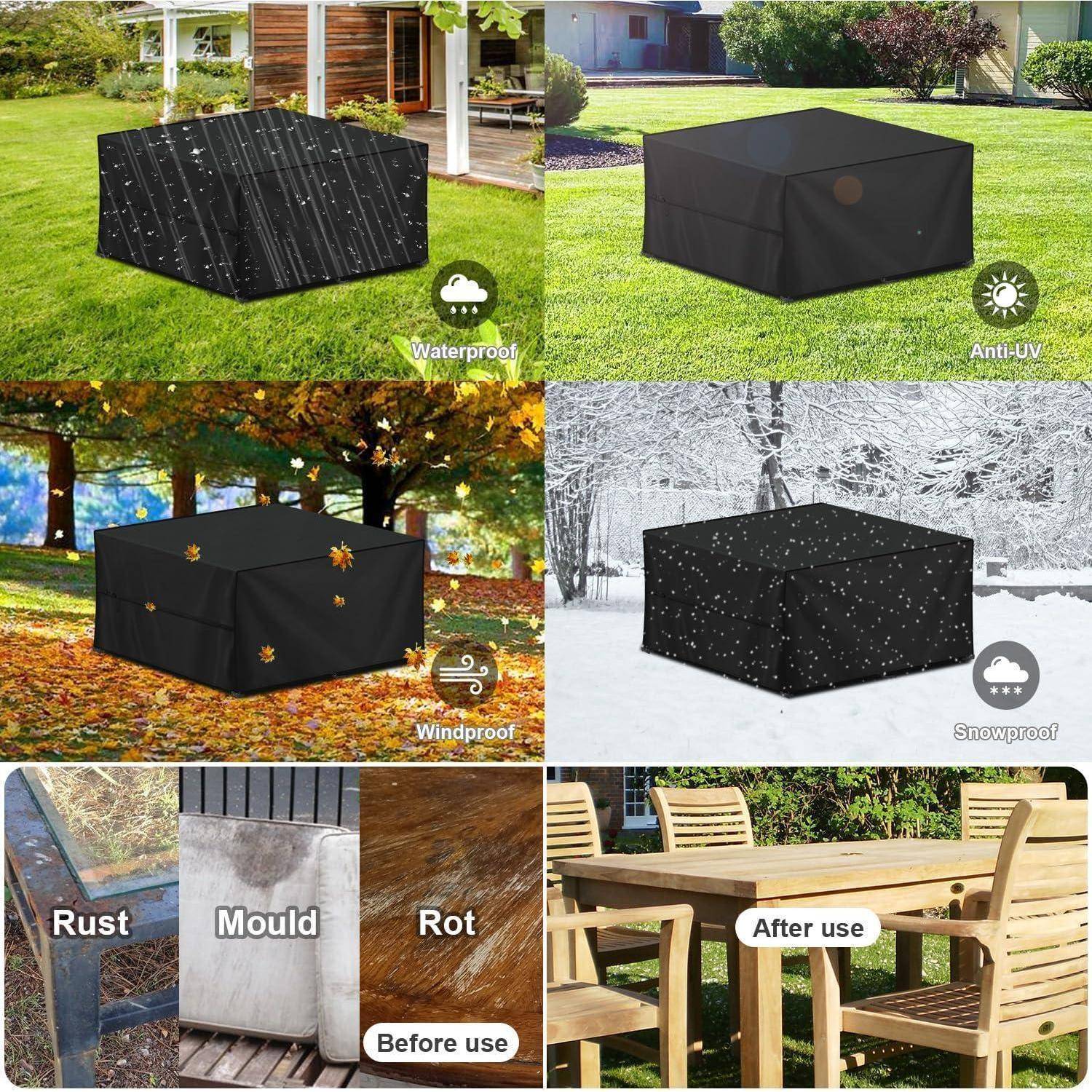 Gitterdarstellung von Gartenmöbelbezügen: 'Wasserdicht', 'UV-beständig', 'Windbeständig', 'Schneebeständig'. Vorher/Nachher: Rost, Schimmel, Verrottung.