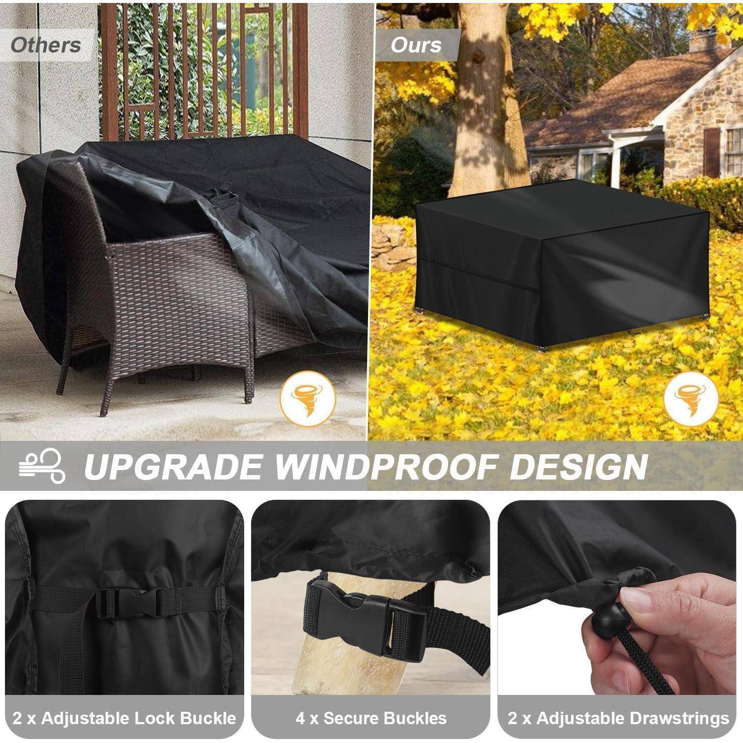 Vergleich zweier Outdoor-Möbelbezüge: Der Bezug von 'Anderen' sitzt locker; unser Bezug passt eng an. Inklusive sicherer Schnallen, verstellbarer Verschlusshaken und Kordelzügen.