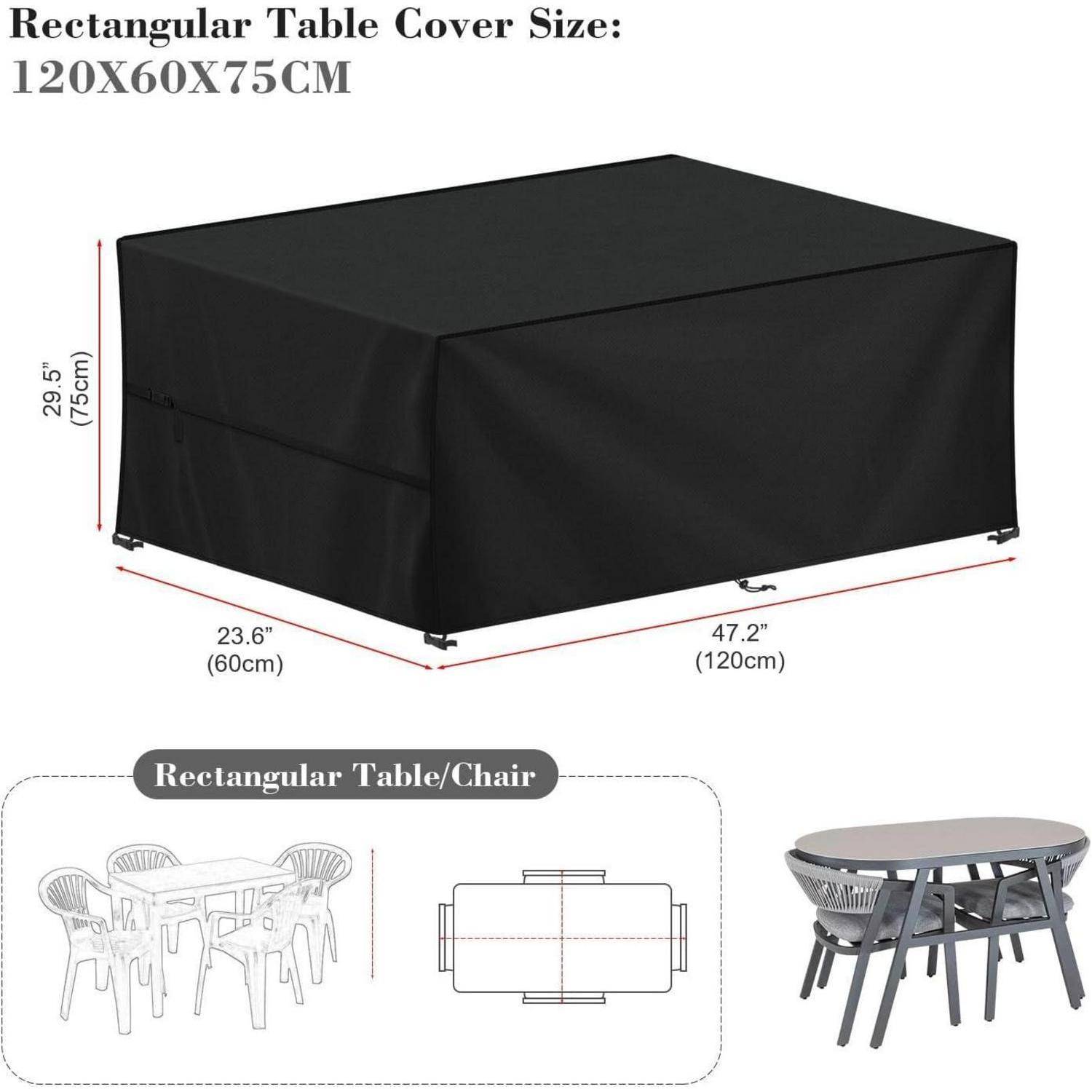 Rechteckige Tischdecke, 120x60x75 cm, aus schwarzem Stoff, auf einem Tisch präsentiert. Unten zeigen eine Skizze und ein Foto die Abdeckung auf einer Terrassenmöbelgruppe.