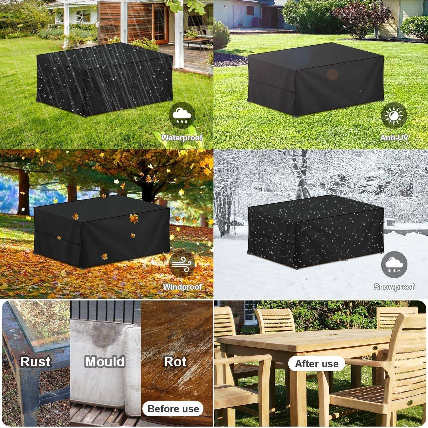 Das Bild zeigt verschiedene Schutzhüllen für Outdoor-Möbel: wasserdicht, UV-beständig, windbeständig, schneefest und einen Vorher-Nachher-Vergleich, der die Verhinderung von Rost, Schimmel und Verfall demonstriert.