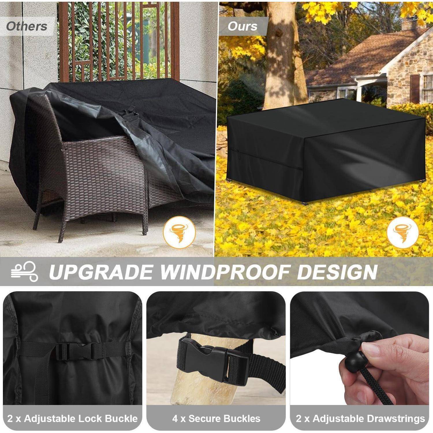 Vergleich von Outdoor-Möbelbezügen: 'Andere' zeigt einen Bezug auf Gartenstühlen, 'Unsere' zeigt einen Bezug auf einem Tisch mit verstellbaren Eigenschaften. Highlights umfassen 'Windschutz-Design Upgrade' mit verstellbaren Verschlussspangen, sicheren Schnallen und Zugbändern.