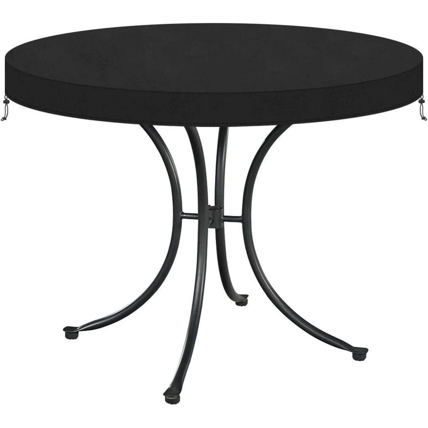 Ein schwarzer runder Metalltisch mit vier geschwungenen Beinen, geeignet für den Außenbereich.