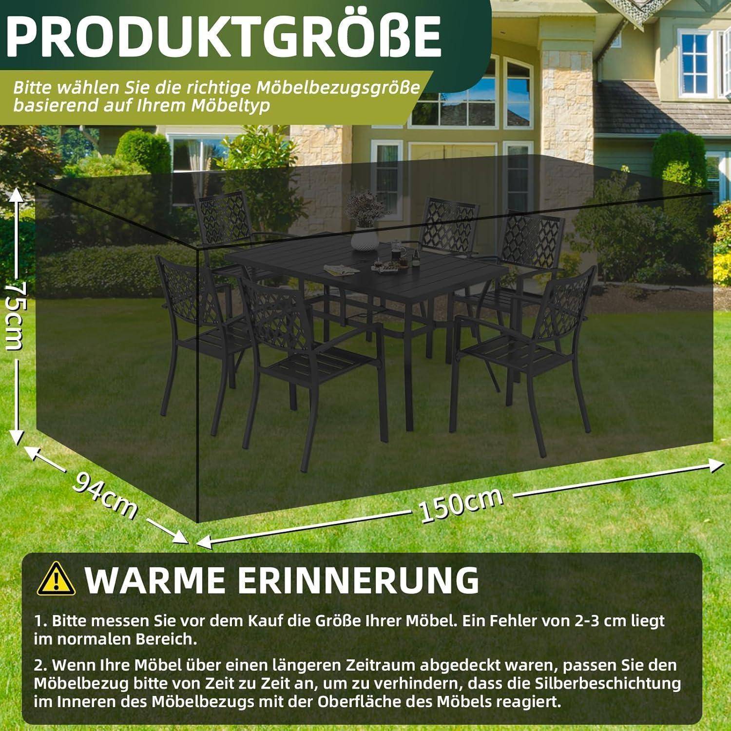 Outdoor-Gartenmöbel-Set auf Rasen mit einem Tisch und sechs Stühlen. Eingeblendeter Text: 'Produktgröße', Abmessungen gekennzeichnet 150 cm x 94 cm x 75 cm.