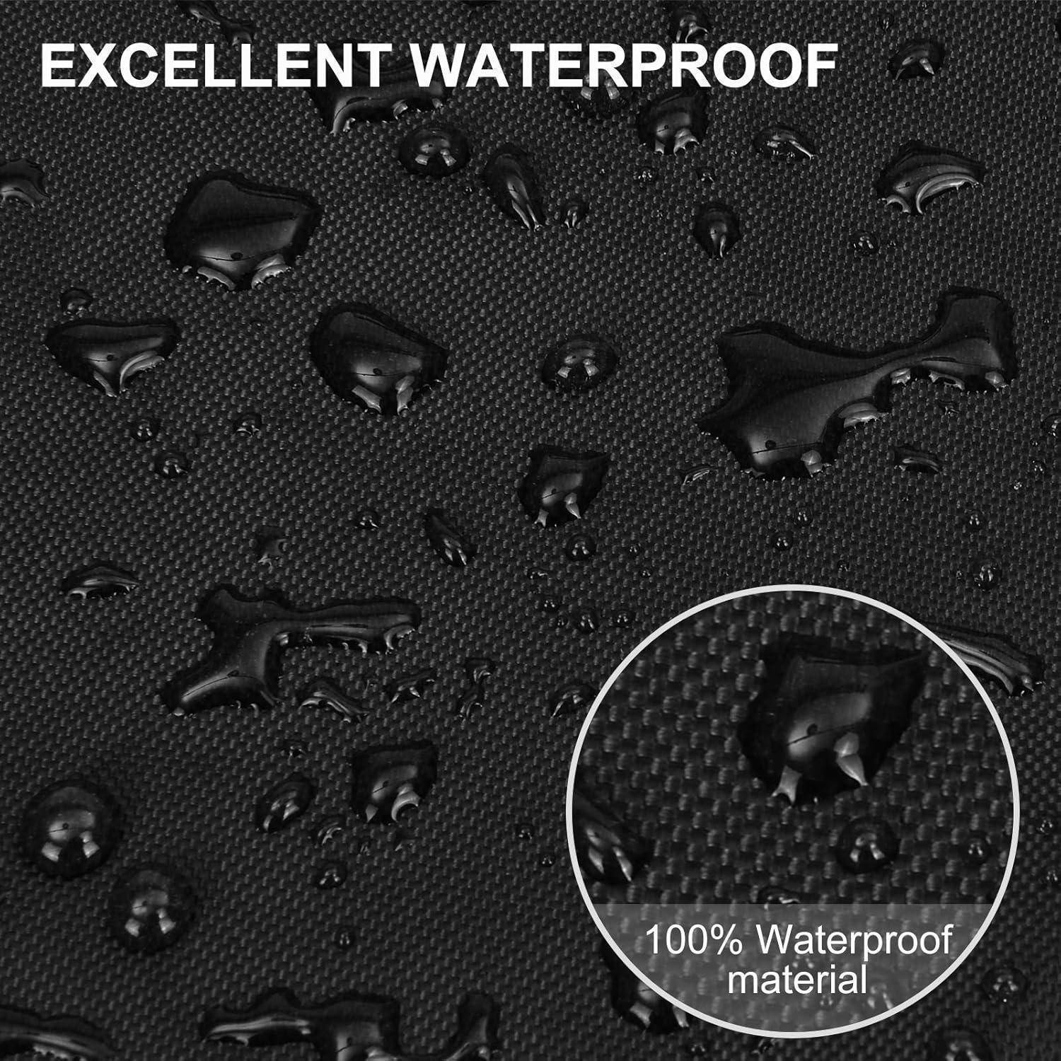 Wassertropfen auf einer schwarzen strukturierten Oberfläche heben wasserdichtes Material hervor. Text lautet 'HERVORRAGEND WASSERDICHT' und '100% wasserdichtes Material'.