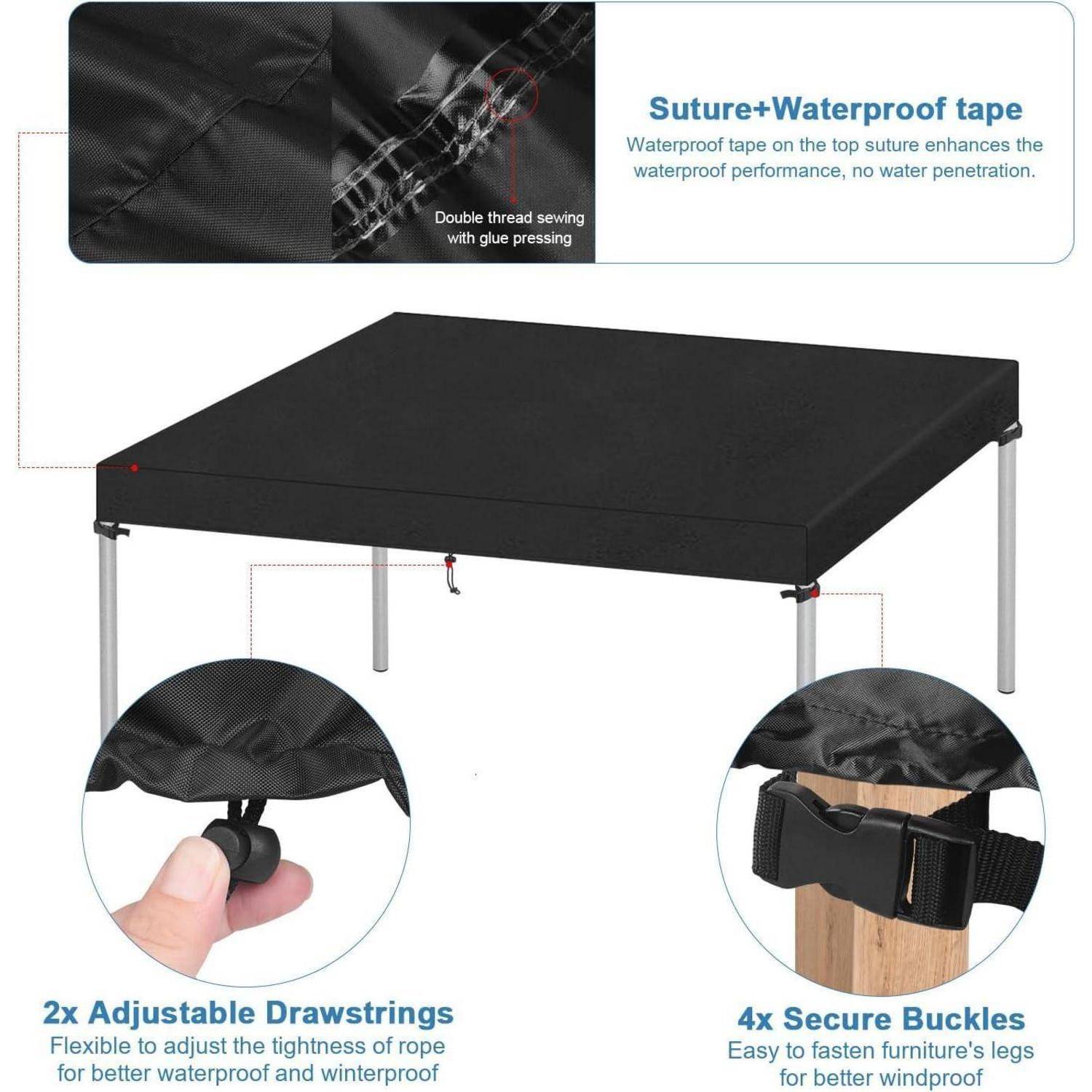 Gartenmöbel-Abdeckung: doppelte Fadenstickerei, wasserdichtes Band, verstellbare Kordelzüge, sichere Schnallen für bessere Wasserdichtigkeit.