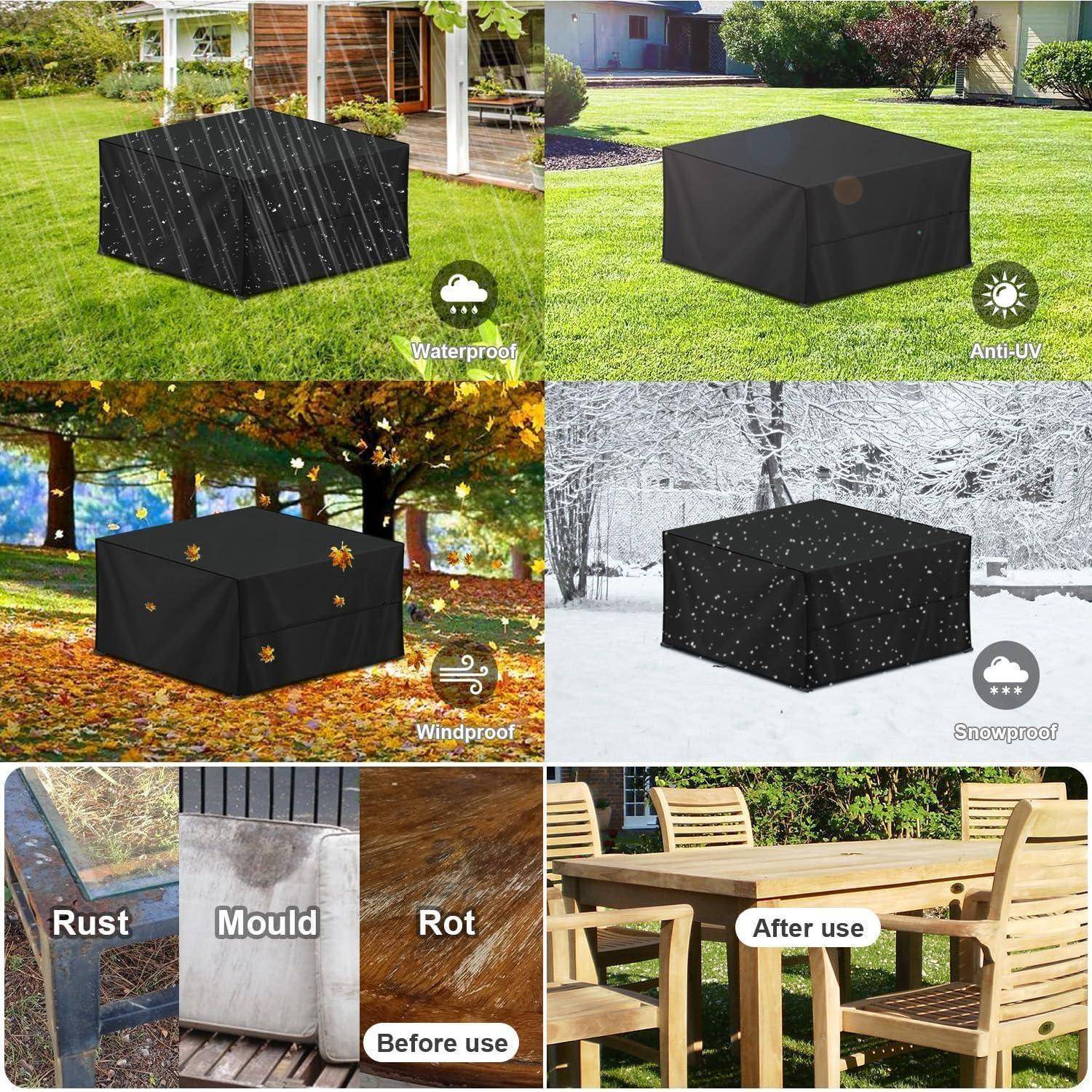 Outdoor-Möbelbezug, gezeigt unter verschiedenen Bedingungen: wasserdicht, UV-beständig, windresistent und schneebeständig. Vor/nach der Nutzung wird die Widerstandsfähigkeit gegen Rost, Schimmel und Fäulnis demonstriert.