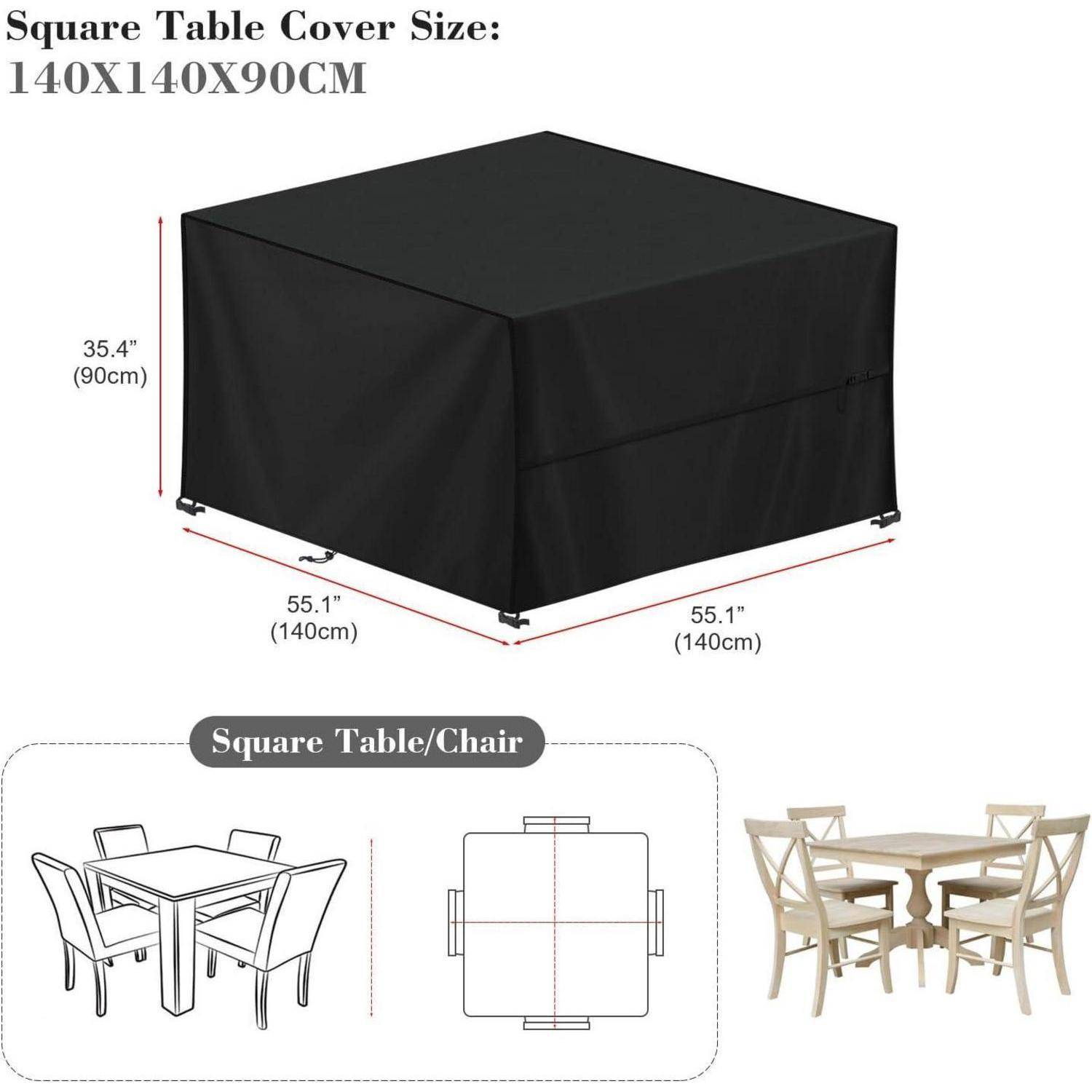 Quadratische Tischdeckengröße: 140x140x90 CM. Bild zeigt eine schwarze quadratische Tischdecke, die einen Tisch mit den Maßen 55,1 Zoll quadratisch und 35,4 Zoll Höhe abdeckt. Enthält Illustrationen von Tischen und Stühlen.