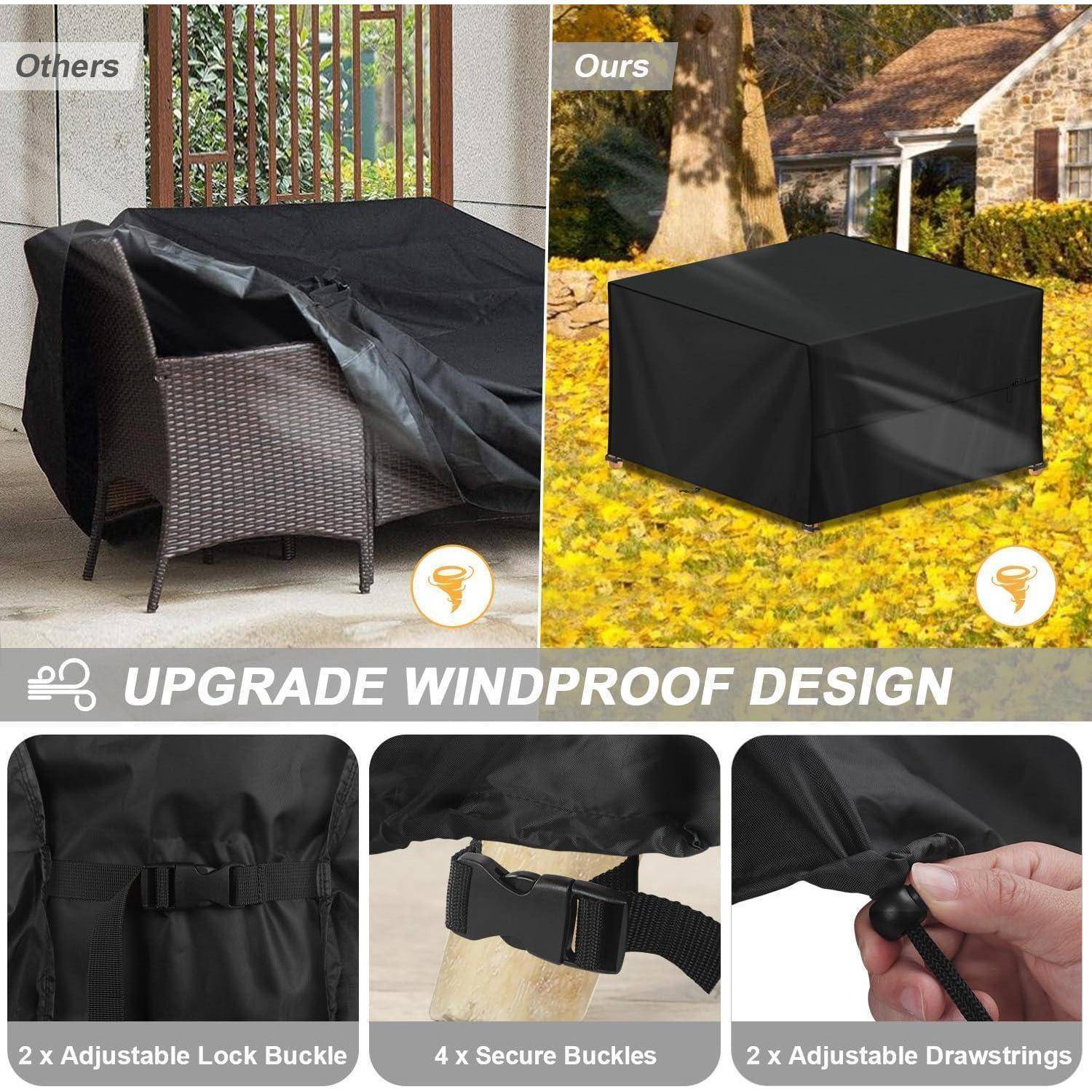 Vergleich von Gartenmöbelbezügen zwischen einem losen, schlecht sitzenden Bezug mit der Bezeichnung 