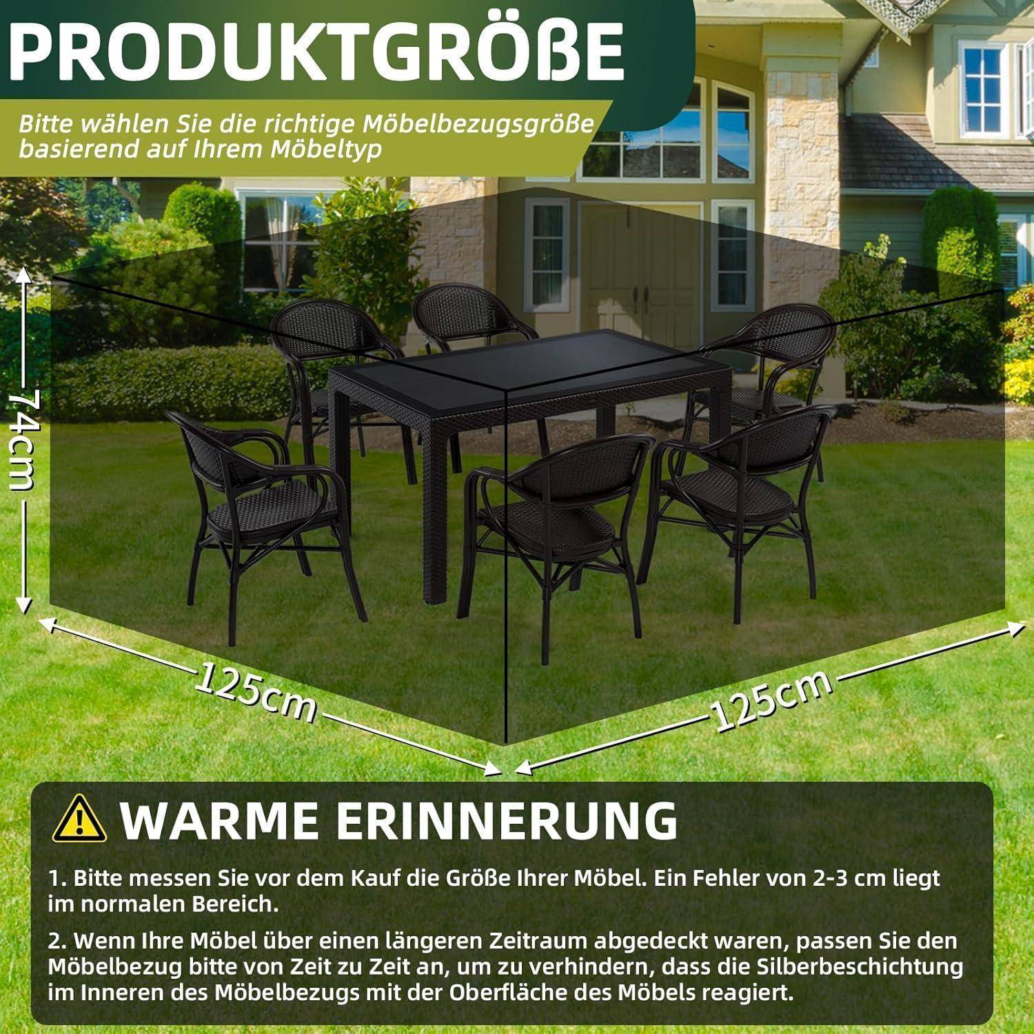 Grüner Outdoor-Esstisch auf Gras. Text liest sich ‚Produktgröße', mit Abmessungen: 74cm Höhe, 125cm Länge, 125cm Breite. Blauer Fenster-Hintergrund.
