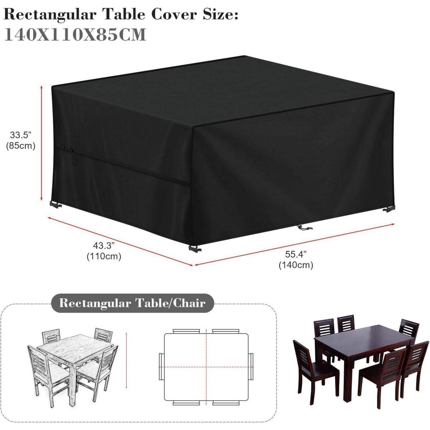 Rechteckige Tischdecke mit den Maßen 140x110x85 cm, die einen gedeckten Tisch bedeckt. Diagramme mit Maßangaben und Modell eines Esstischsets inklusive.