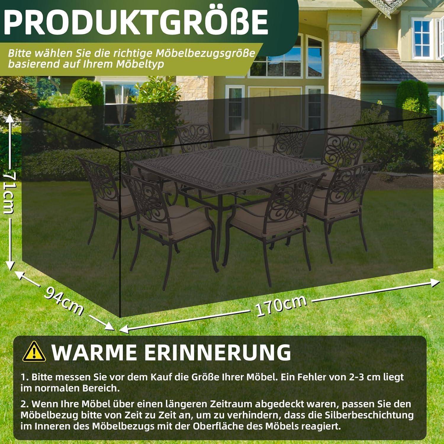 Produktgröße'-Anleitung mit Außentisch und Abmessungen: 170 cm Länge, 94 cm Breite, 71 cm Höhe. Warnhinweise zur Auswahl der Möbelgröße.