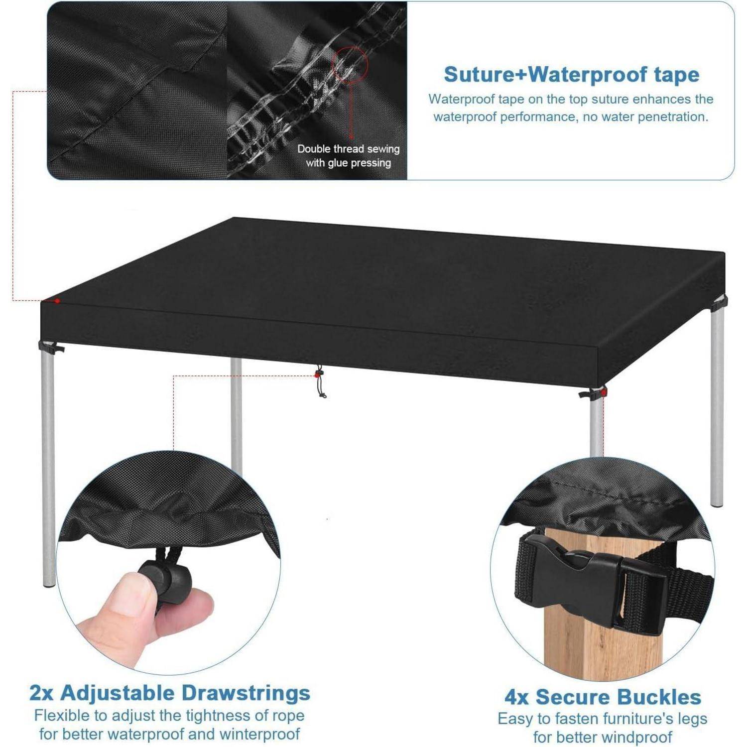 Bild einer schwarzen rechteckigen Möbelabdeckung mit hervorgehobenen Merkmalen: ‚Naht+Wasserdichtes Klebeband', ‚2x Verstellbare Zugbänder' für die Passform, ‚4x Sichere Schnallen' für Stabilität.