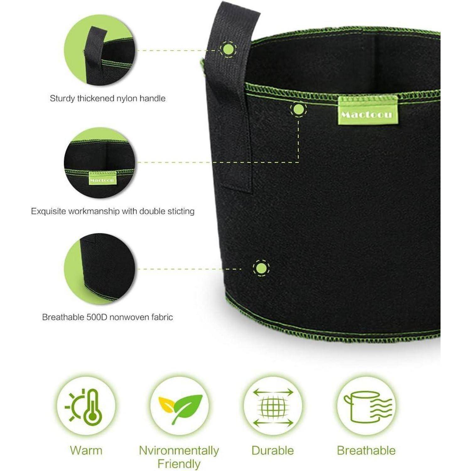 Schwarzer Stoff-Pflanzentopf mit robustem Nylongriff, doppelter Naht und atmungsaktivem 500D-Vliesstoff. Symbole zeigen Wärme, Umweltfreundlichkeit, Haltbarkeit und Atmungsaktivität.