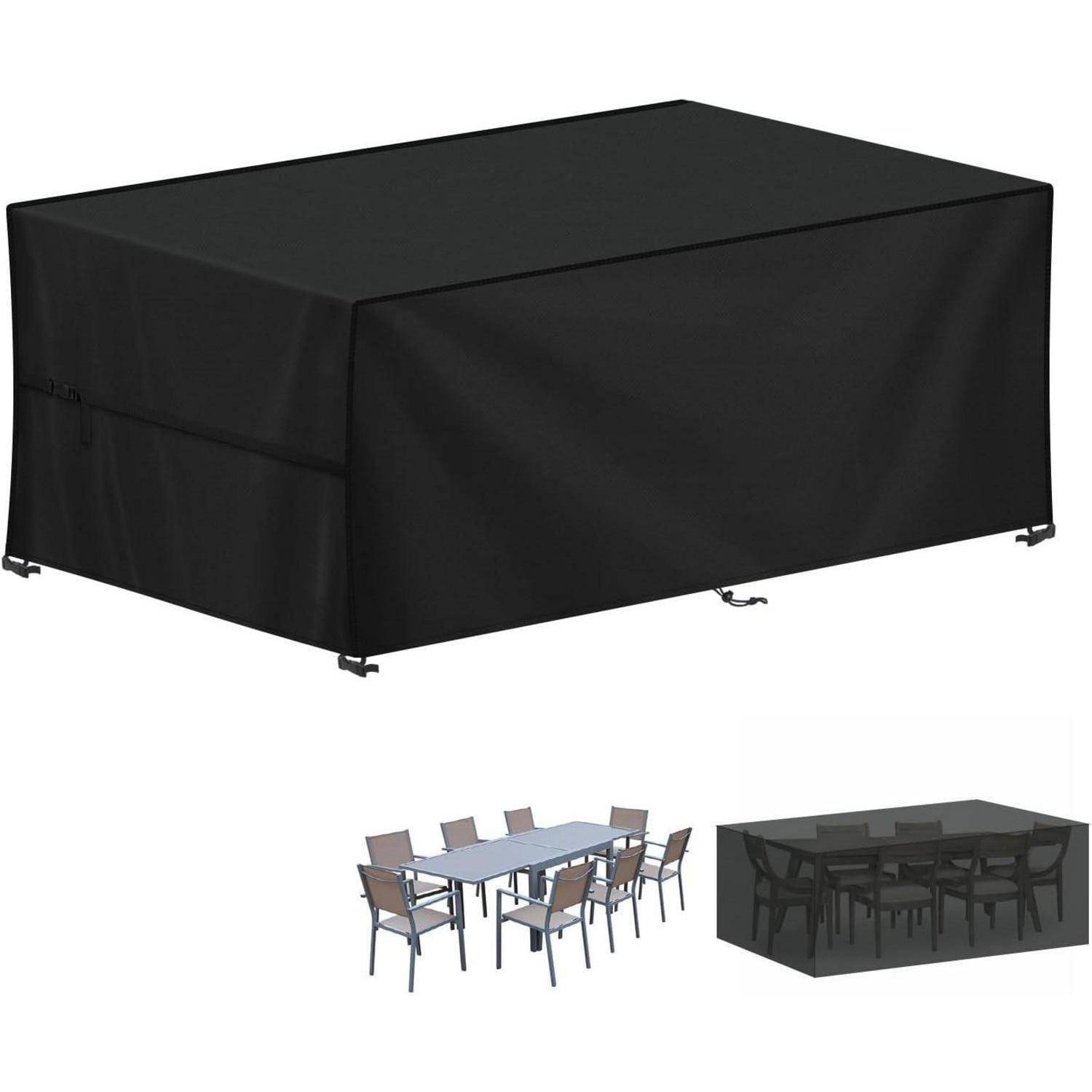 Eine schwarze rechteckige Möbelabdeckung, entwickelt zum Schutz eines Outdoor-Esstisches und der Stühle, mit Bildern, die den abgedeckten und unbedeckten Satz zeigen.